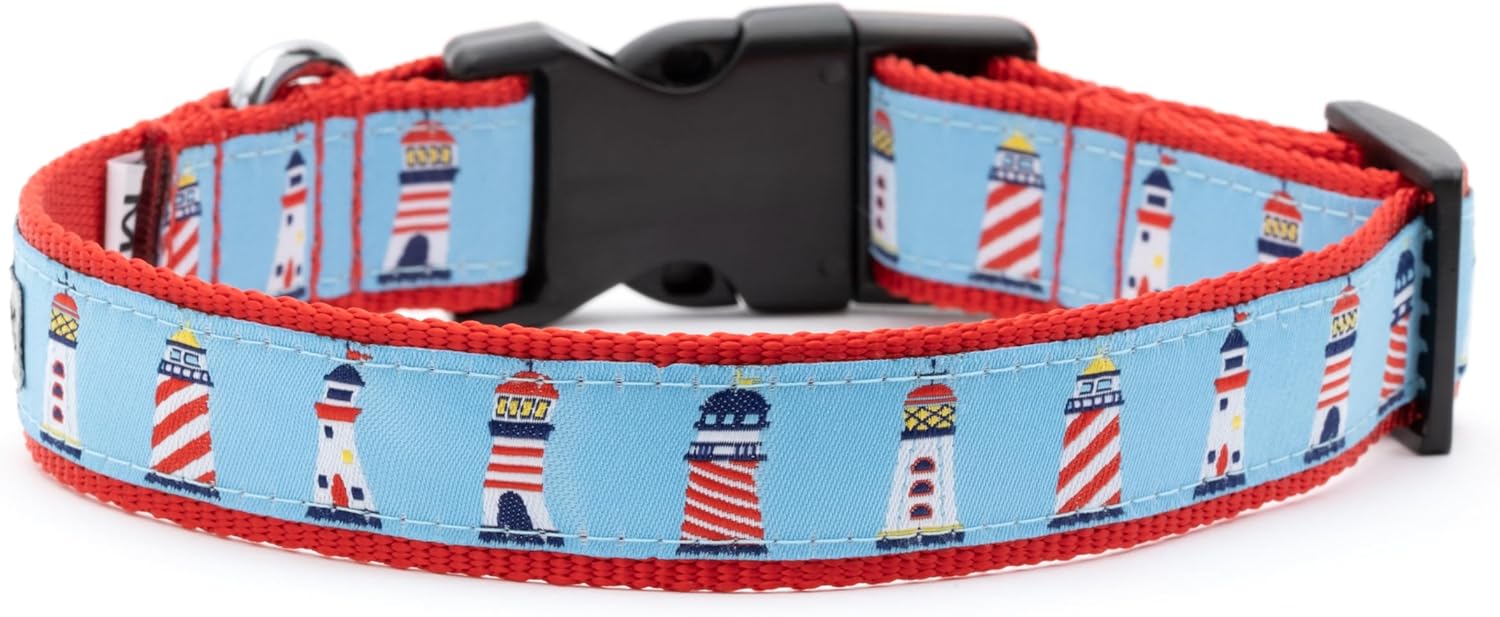 THE WORTHY DOG Spring Holiday Lighthouses Dog Collar – Durable Nylon, Woven Ribbon, Quick-Release Buckle, Nickel D-Ring – Blue, Small
