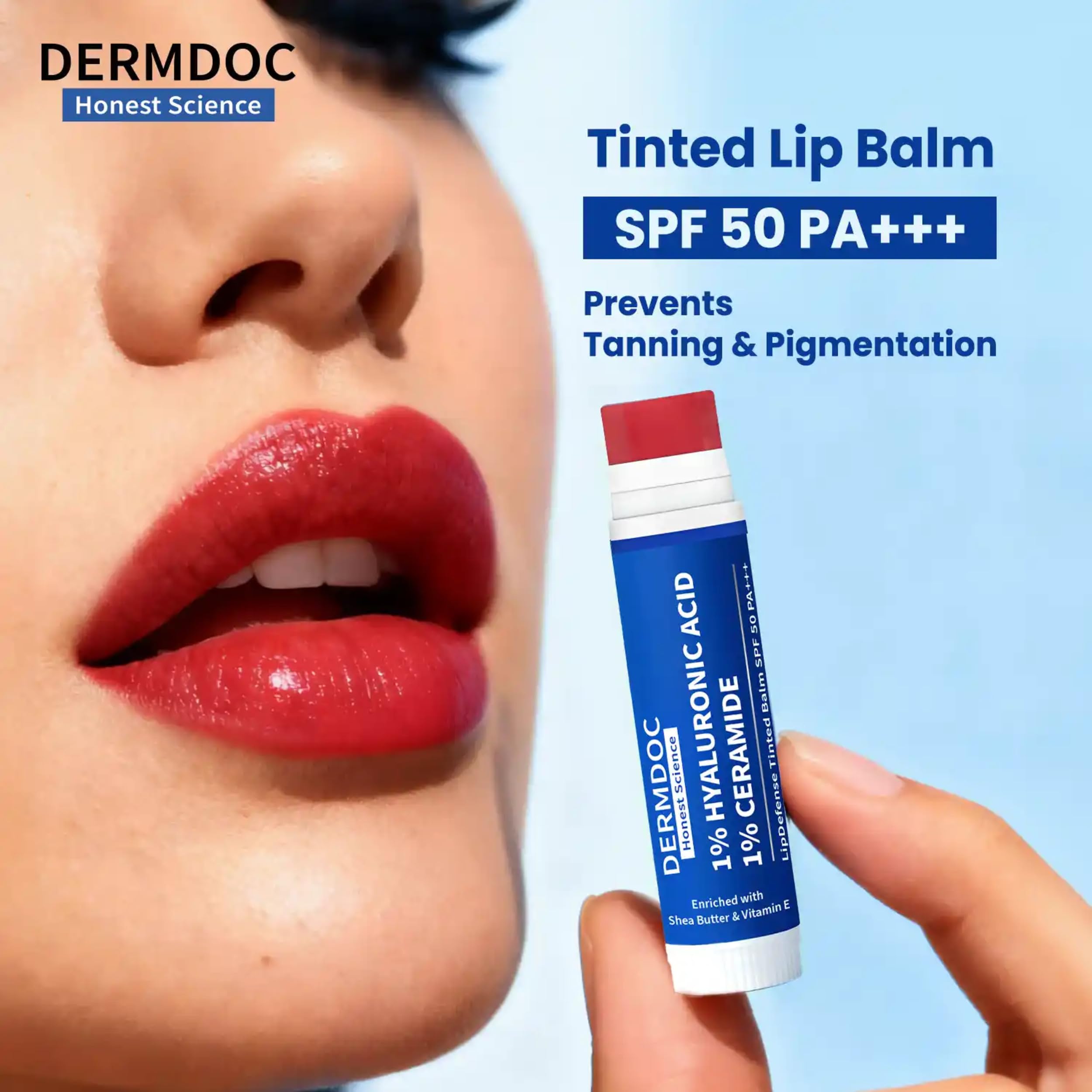 DermDoc 1% Hyaluronic Acid + 1% Ceramide Berry Tinted Lip Balm SPF 50 PA+++ 4 gm| Hydrates, Repairs & Protects Lips | UV Defense + 4 Hr Water Resistance | High Tint Coverage | Deep Moisturization | Sun Protection| Enriched with Shea Butter & Vitamin E 3