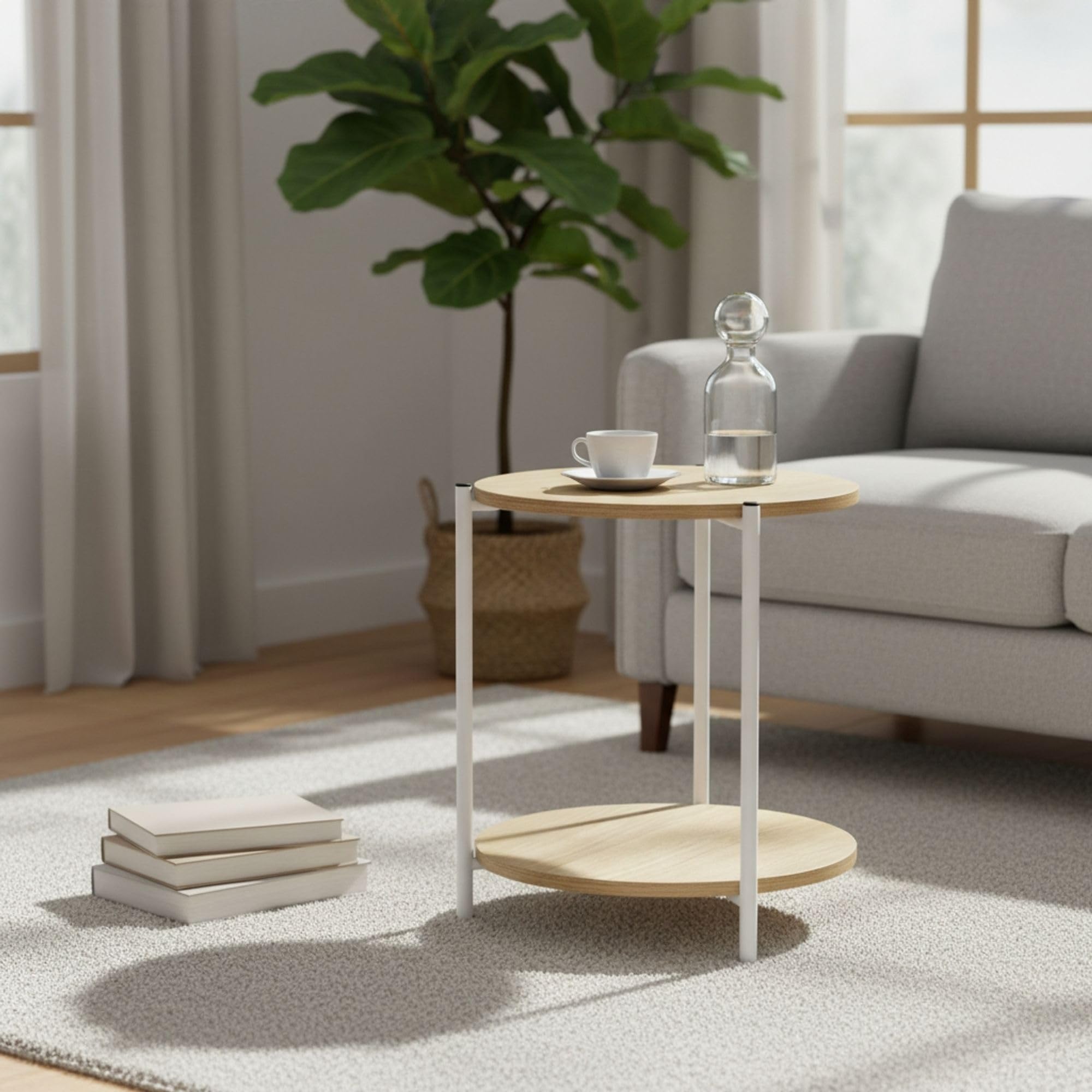 MESA AUXILIAR METAL Y MADERA BLANCA 40X42 CM INDE MOBILEKIT | PARA SALÓN O DORMITORIO, MESA DOBLE ALTURA MODERNA, MUEBLE