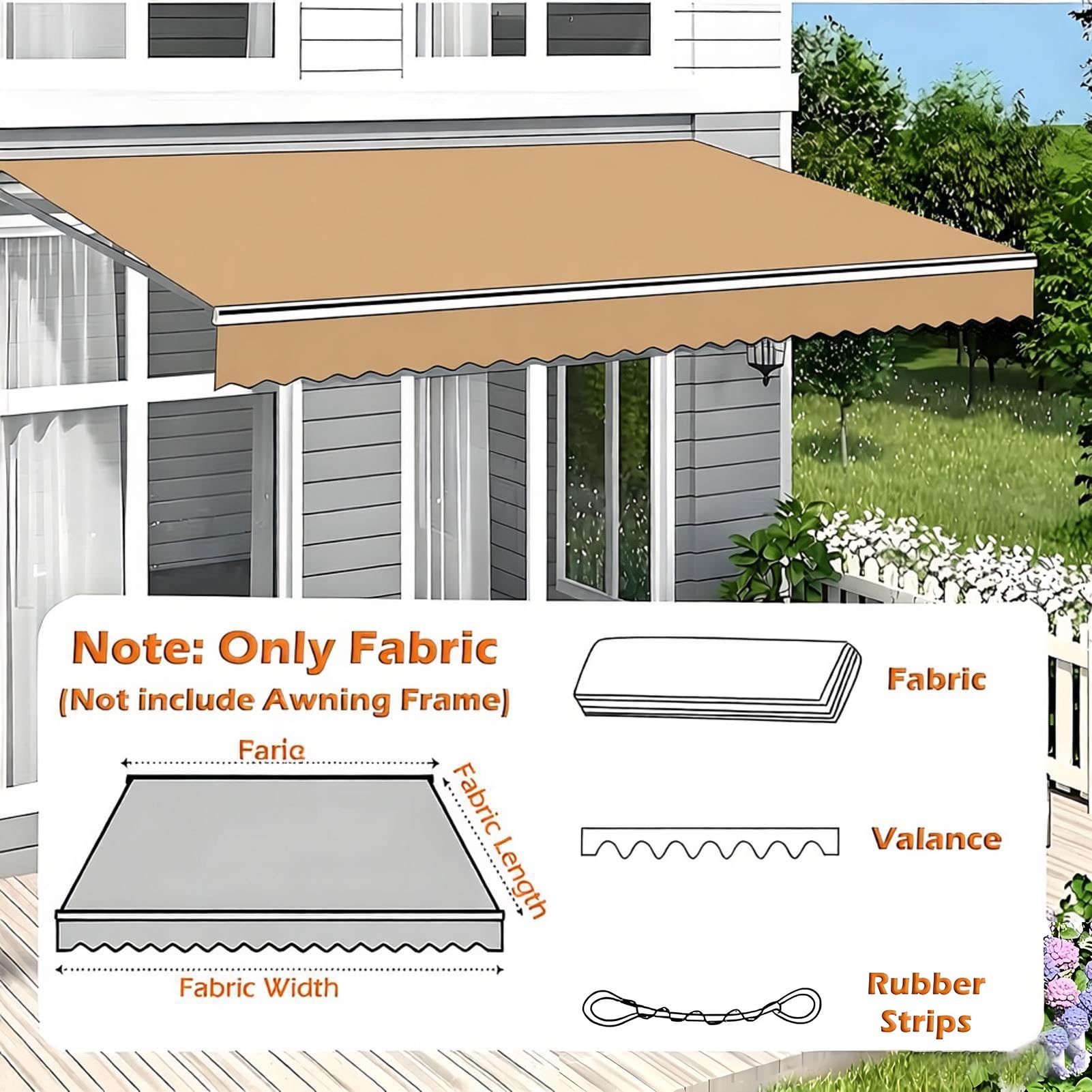 Tissu Store Banne Toile De Rechange pour Store De Terrasse | Couleur camel, Voile d'ombrage pour barbecue Porches Terrasse, 2m 3m 4m 5m 6m 7m(12x10ft/3.7x3.05m)