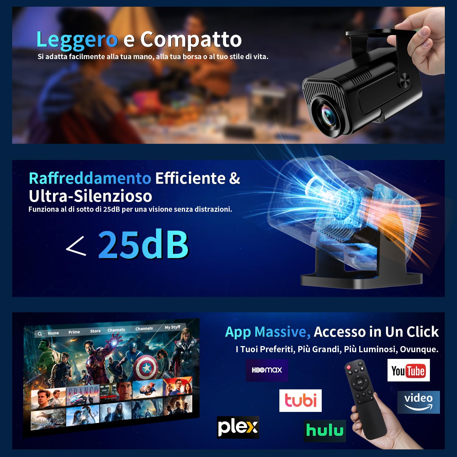Proiettore 1080P 4K WiFi 6 Bluetooth 5.2 Mini Portatile con Rotativo 270° Auto Keystone Nero