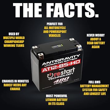 Antigravity AT12-BS-HD Heavy Duty Lithium Motorcycle and Powersport Battery with Built-In Jump Starting 12V 8Ah, ATV, Quad UTV, Scooter, Lawn Mower, Generator Battery - Ducati, Yamaha, Kawasaki