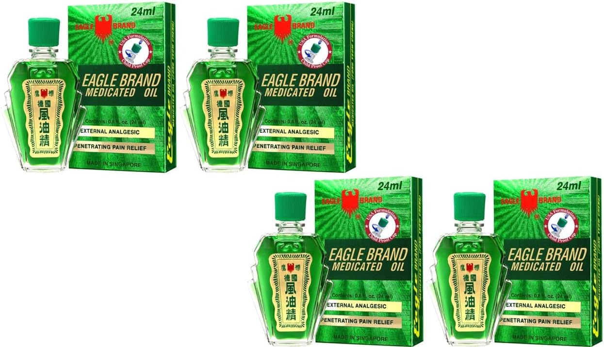 2 Packs - Green Twin Eagle Essentail Medicated Oil - Bon Chai Dau Con O Xanh - 24mL per Bottle with 4 Bottles per Order - Made in Singapore