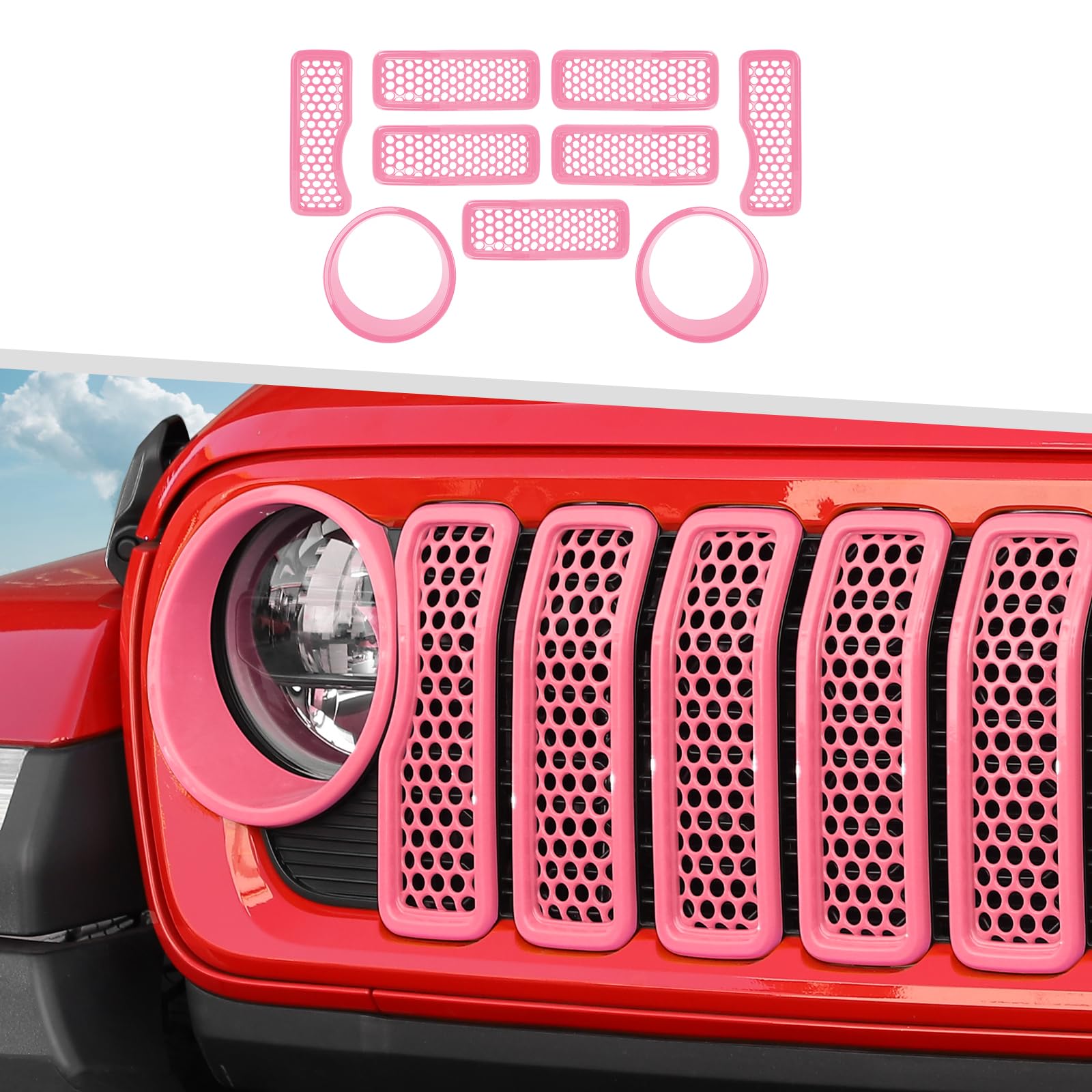 9PCS Headlight Cover &amp; Front Grill Mesh Inserts Compatible with Jeep Wrangler JL JLU 2024+, NOT FIT JL Sport/Sport S (Pink)