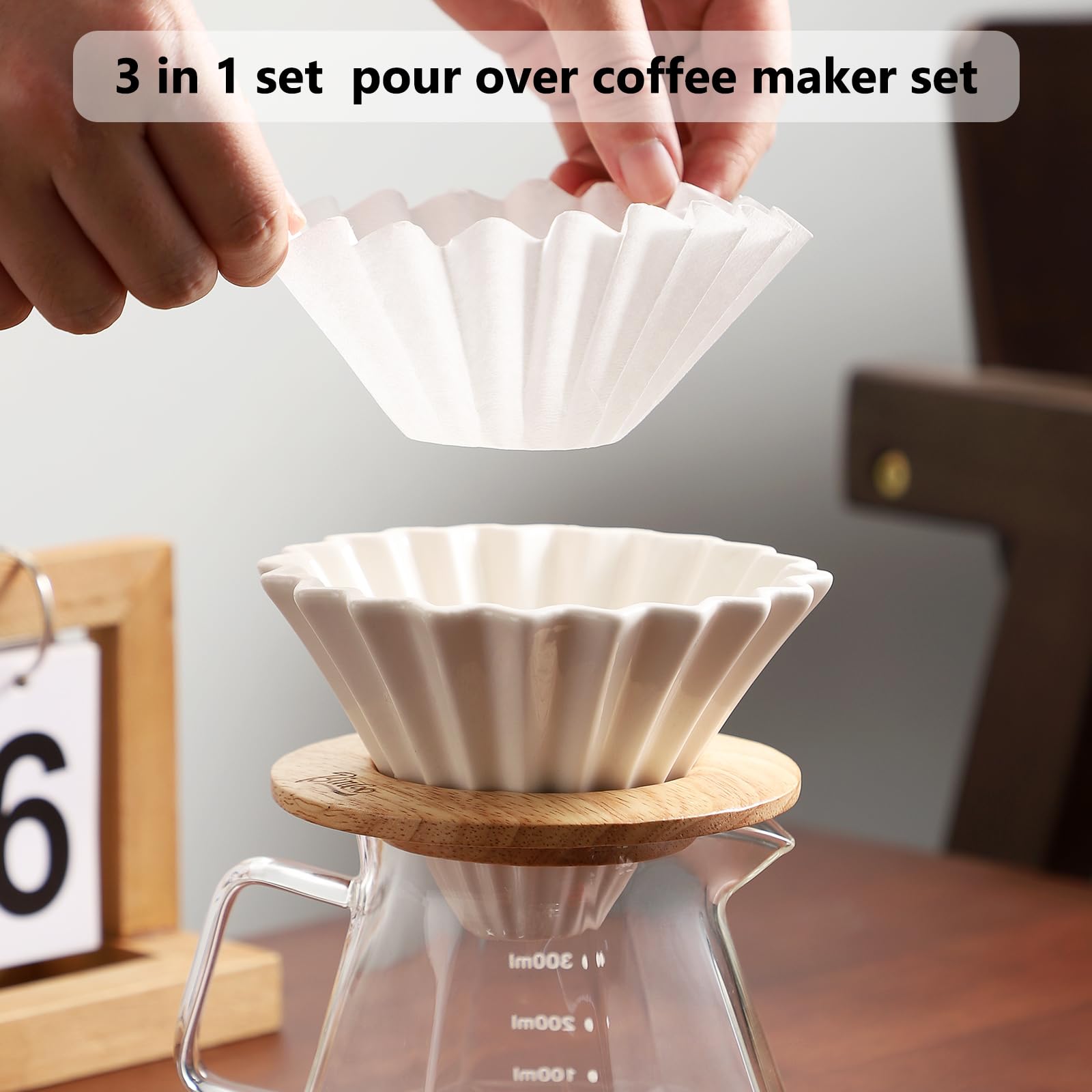 Bincoo 400 ml Kaffeebereiter-Set mit Keramik-Kaffeetropfer und Holzständer, 1–2 Tassen, Übergieß-Kaffee Brühwerkzeug