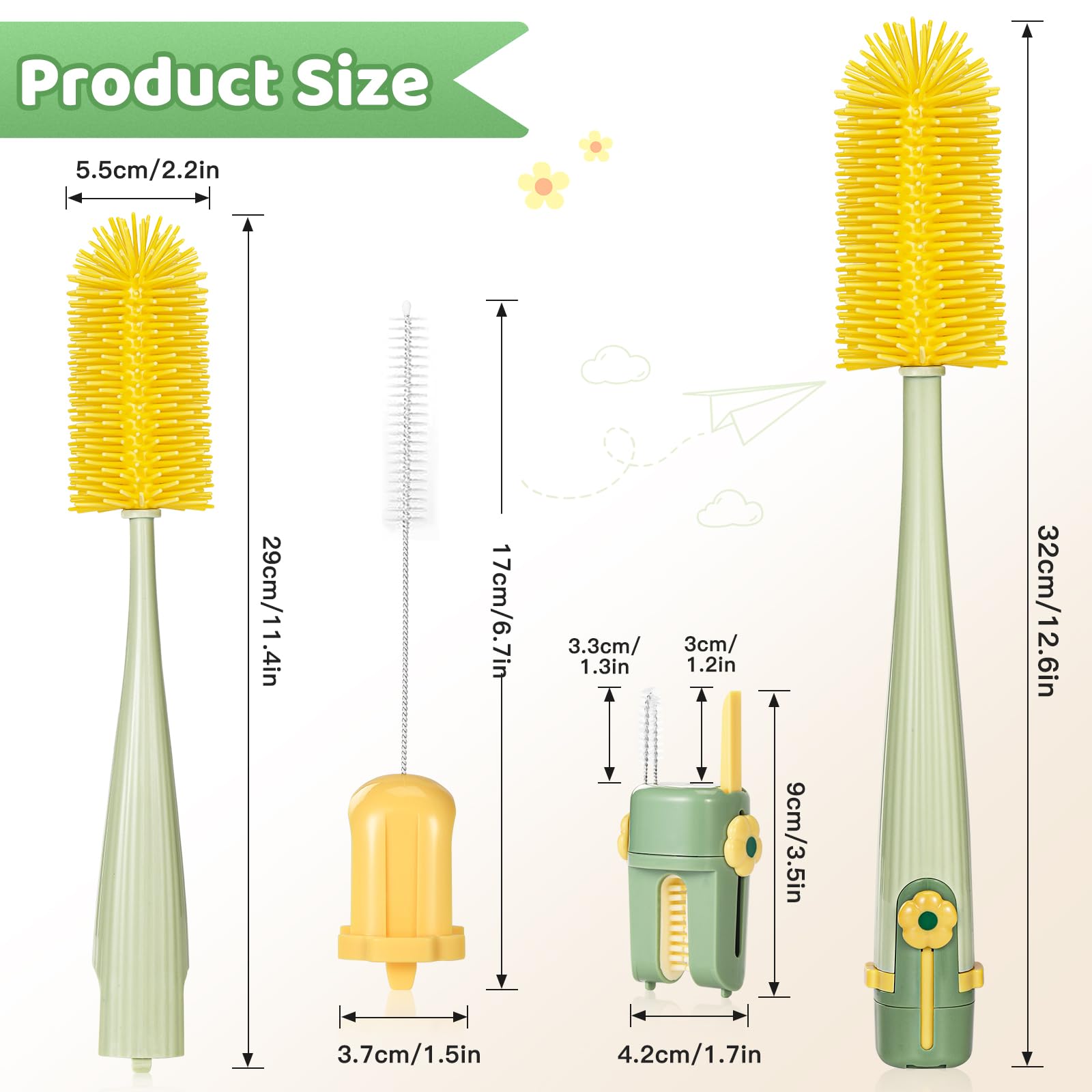 Pack de 2 Scovolino Biberon, 5-in-1 Scovolino Per Bottiglie con Spazzolino Integrato per Tettarelle, Cannucce, Pulisciorlo a U e Gancho Extractor, Durevole & Compatto, Verde