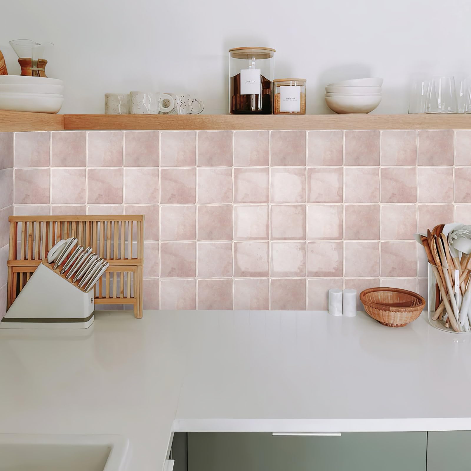 Alwayspon 25.4x25.4cmx10Pcs Pink 3D Vinyl Wall Tile Sticker, Peel and Stick Self-Adhesive Waterproof Splashback Stick on Tile Decals for Kitchen Bathroom Wall โ image 1