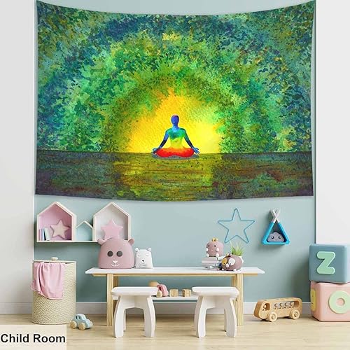 Miniatura 5 de Pznen Tapiz estético de yoga de 80 x 60 pulgadas, para relajarse, calmar, sonreír, ser feliz, silueta humana, sentado, yoga, chakras, color para