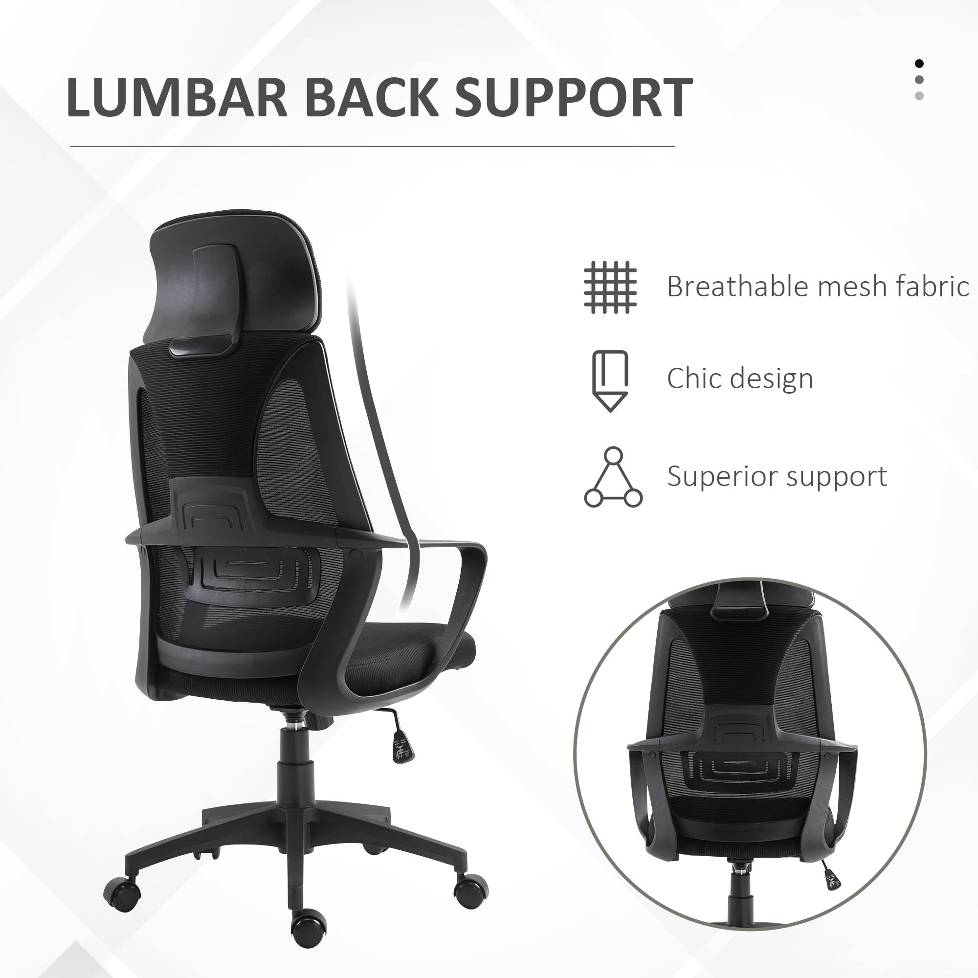 Vinsetto Silla ergonómica respaldo alto con lumbar y reposacabezas negro | Silla de ordenador, silla de malla, ruedas, altura ajustable