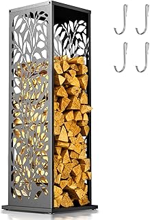 4ft Firewood Rack with Leaf Pattern, Fire Wood Storage Log Rack Outdoor Indoor with Hooks Adjustable Feet, Heavy Duty Log Holder for Fire Pits Fireplace Patio Deck Balcony Pergola Gazebo Black