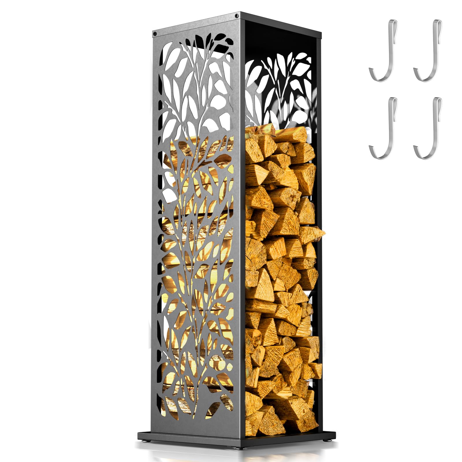 4ft Firewood Rack with Leaf Pattern, Fire Wood Storage Log Rack Outdoor Indoor with Hooks Adjustable Feet, Heavy Duty Log Holder for Fire Pits Fireplace Patio Deck Balcony Pergola Gazebo Black
