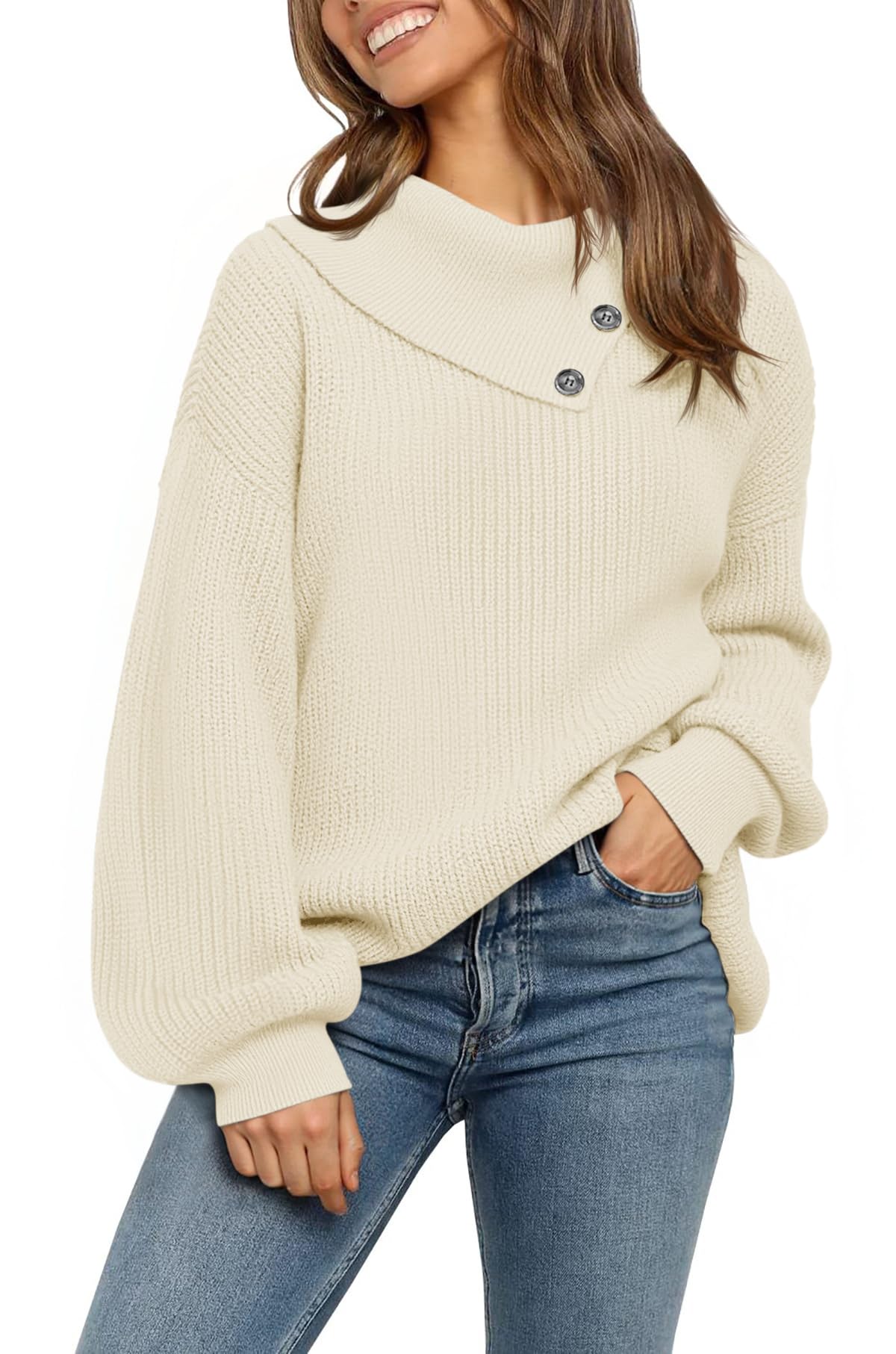 Fisoew Damski sweter z golfem, sweter z dzianiny z guzikami, luźne rękawy nietoperza, sweter casualowy, zimowy sweter