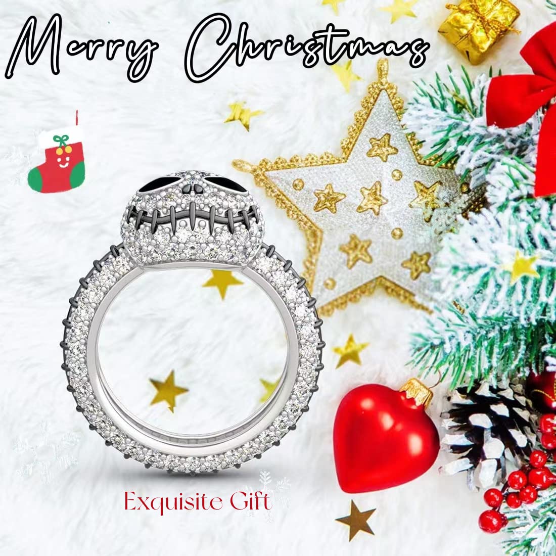 GAUEIOUR Anillo de Navidad de calavera, lindo anillo de Navidad de Halloween, con diseño de calavera de diamante de aceite de goteo, anillo creativo de moda, calabaza y calavera, Medium, Plata