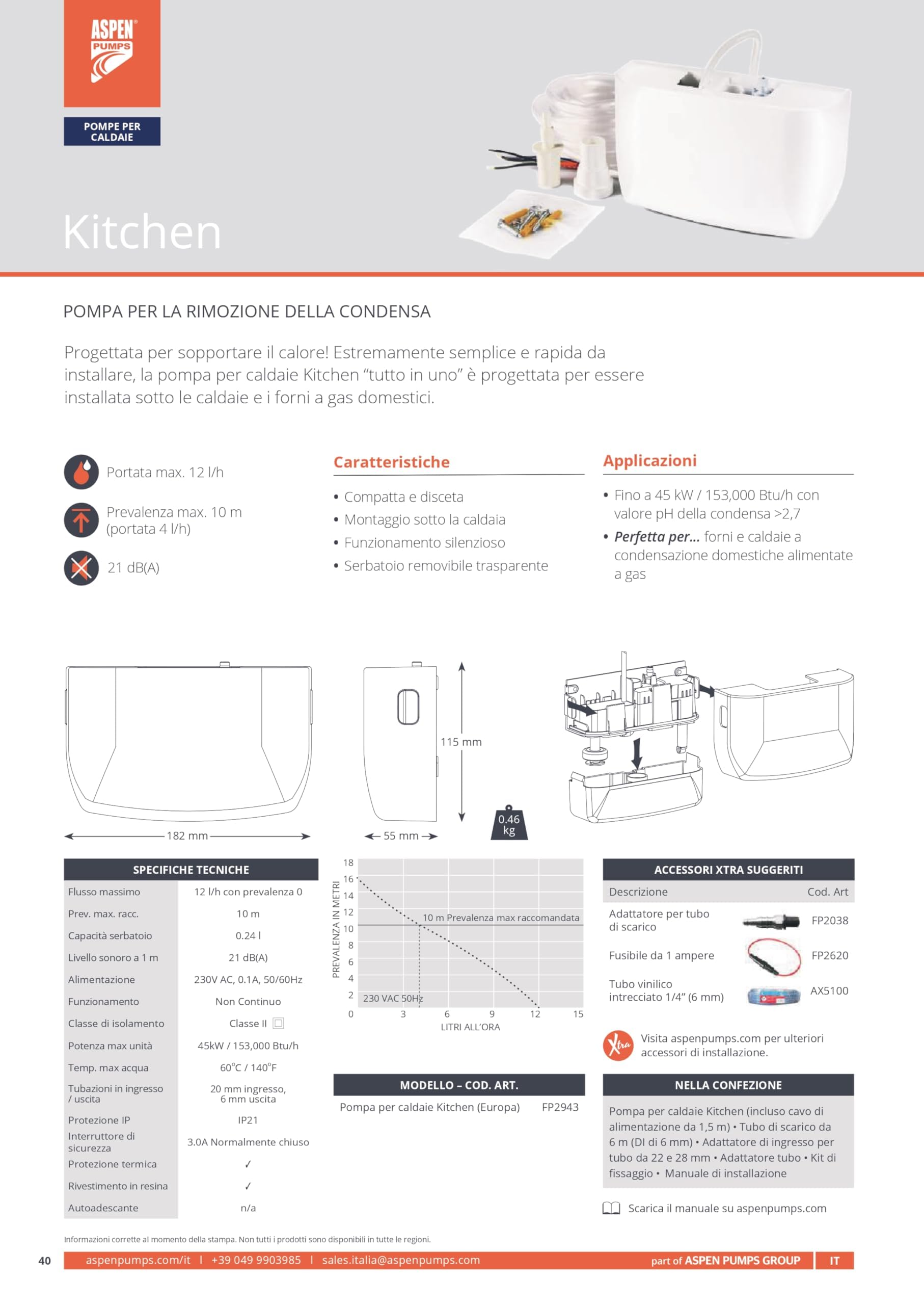 Aspen Pumps Kitchen Boiler Pump FP2943 - Pompa Scarico Condensa per Caldaie a Condensazione e Forni a Gas, 12 L/h, Altezza Max 10 Metri, Silenziosa 21 dB(A)