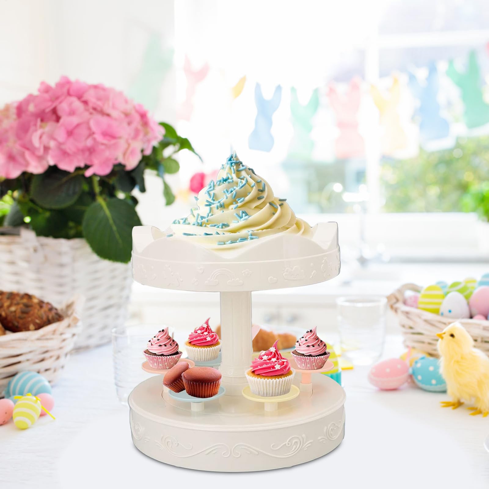 Soporte Para Cupcakes Bandeja Giratoria De Dos Niveles | Maquina Para Postres Con Base Giratoria Para Tartas Para Caramelos Pan Chocolate Boda Cumpleaños Hogar Panaderia Bar