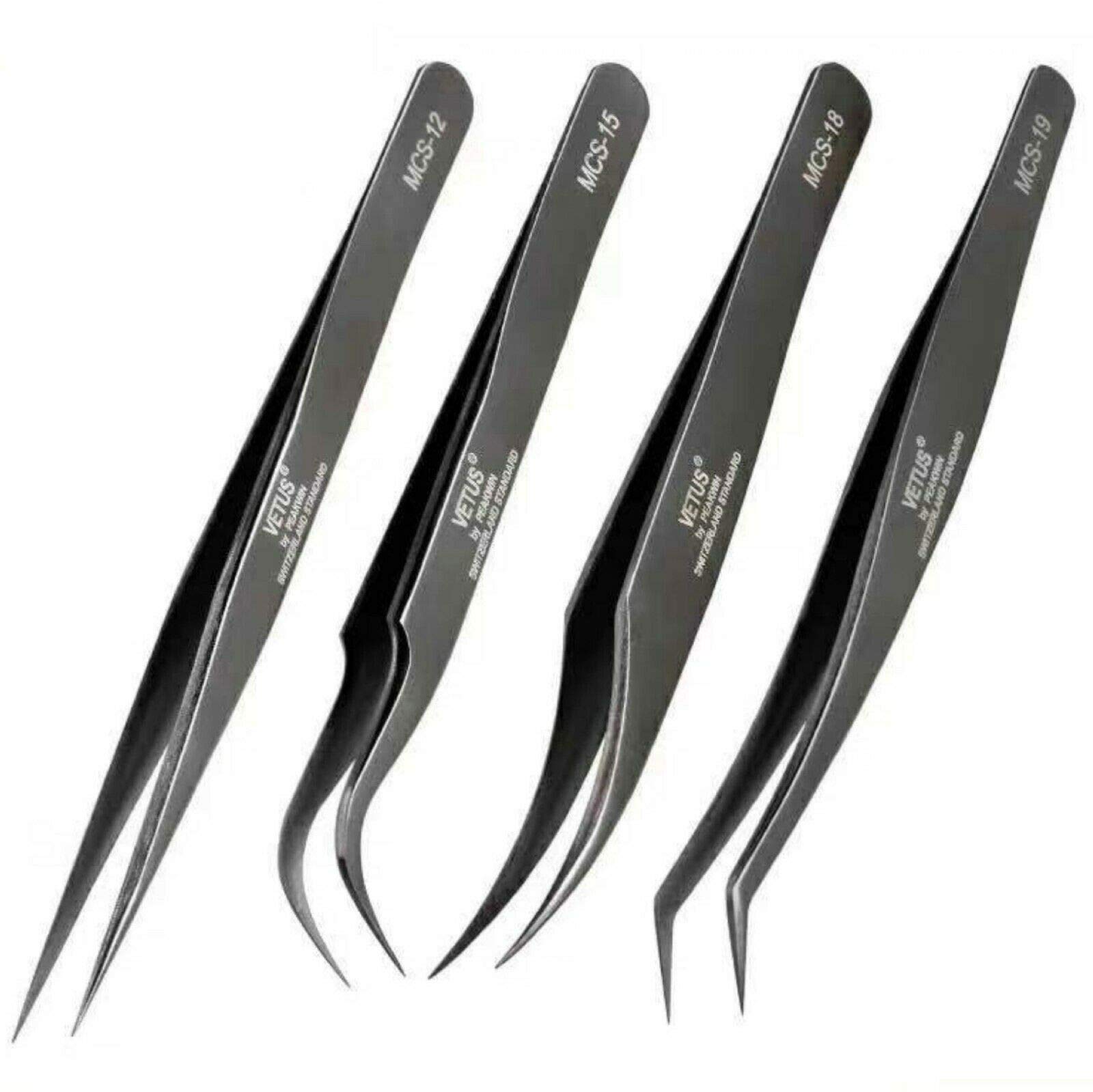 WIMPERN PINZETTE VETUS für Wimpernverlängerung und Volumentechnik, SET Grau (4x MCS-12 bis MCS-19)