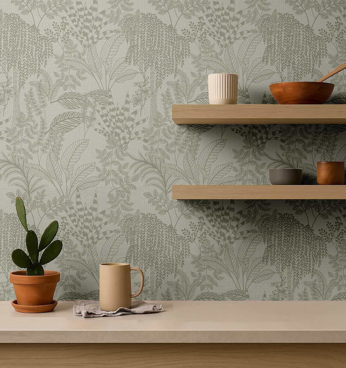 S4Sassy Self-Stick Decorative Wallpaper, Jungle Sketch Wall Paper, Vinyl Waterproof Contact Paper, Green, 25"X 120" Removable Renter Friendly Walls Covering for Bedroom, Dining Room