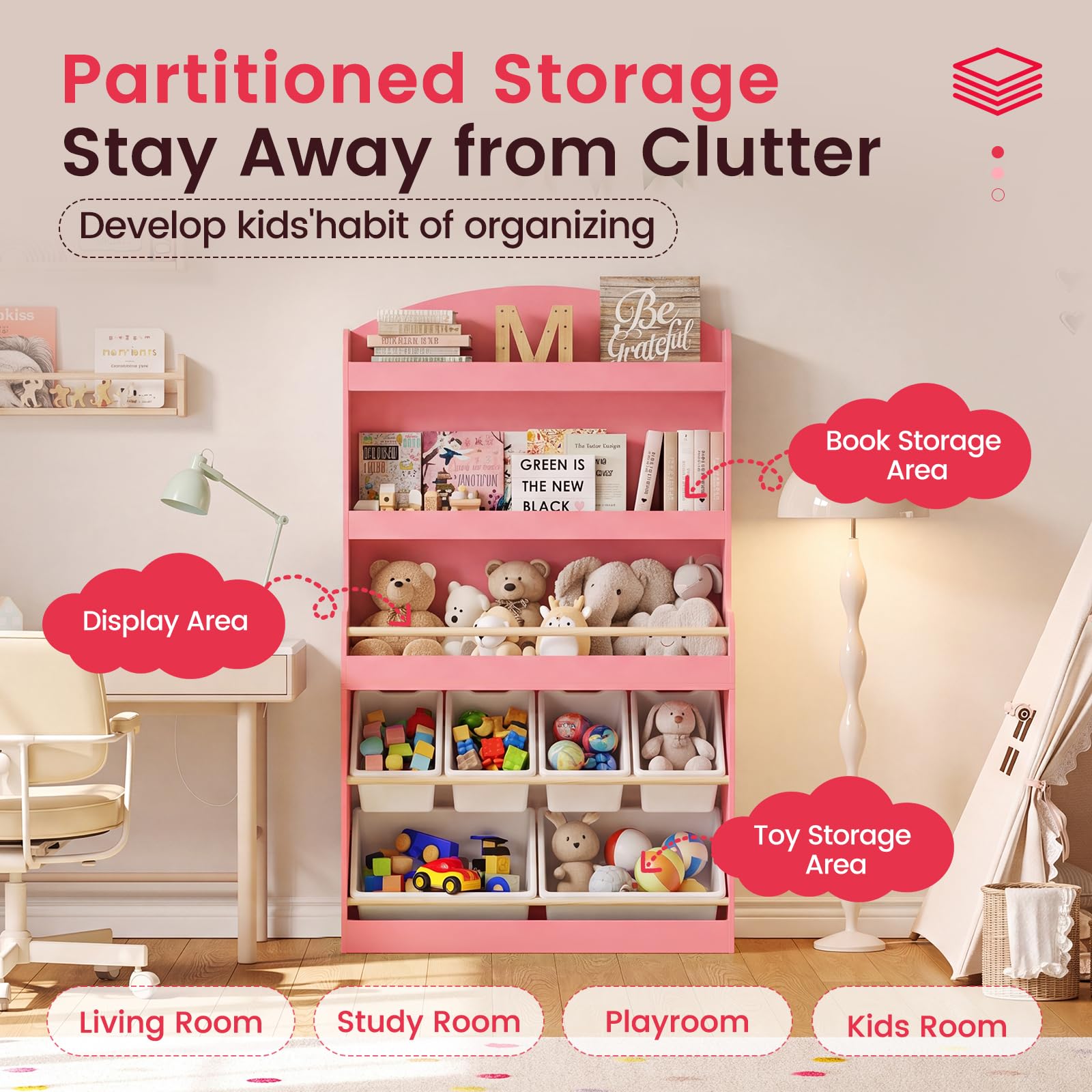estantería infantil de almacenaje juguetes para niños con estantería y 6 cestas de juguetes extraíbles, 5 niveles con espacio de almacenamiento para juguetes, estanteria libros infantil (rosa)