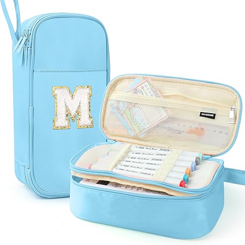 Miniatura 73 de Estuche para lápices extragrande, bolsa de gran capacidad, bolsa de lápices personalizada con inicial con cremallera suave, múltiples bolsillos