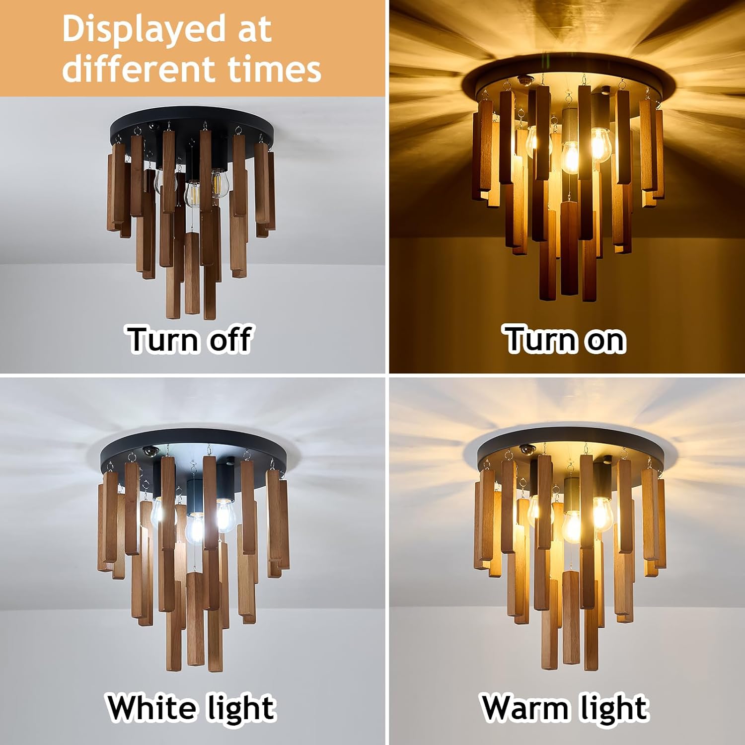 Motion Sensor Semi Flush Mount Ceiling Lights Boho Wood Light Fixture 3-Light Farmhouse Chandelier Oak and Black Ceiling Lighting with E26 for Kitchen Living Room Entryway Bedroom Dining Room
