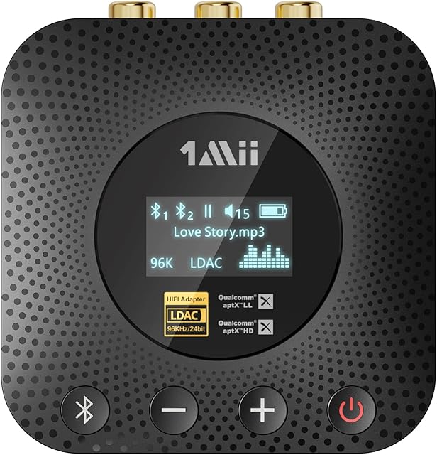 1Mii B06HD+ Hi-Fi Bluetooth 5.1 Music Receiver for Home Stereo w/LDAC, Hi-Res Bluetooth Adapter w/Audiophile DAC aptX HD Volume Control OLED Display, Wireless Audio Adapter for AV Receiver/Amplifier