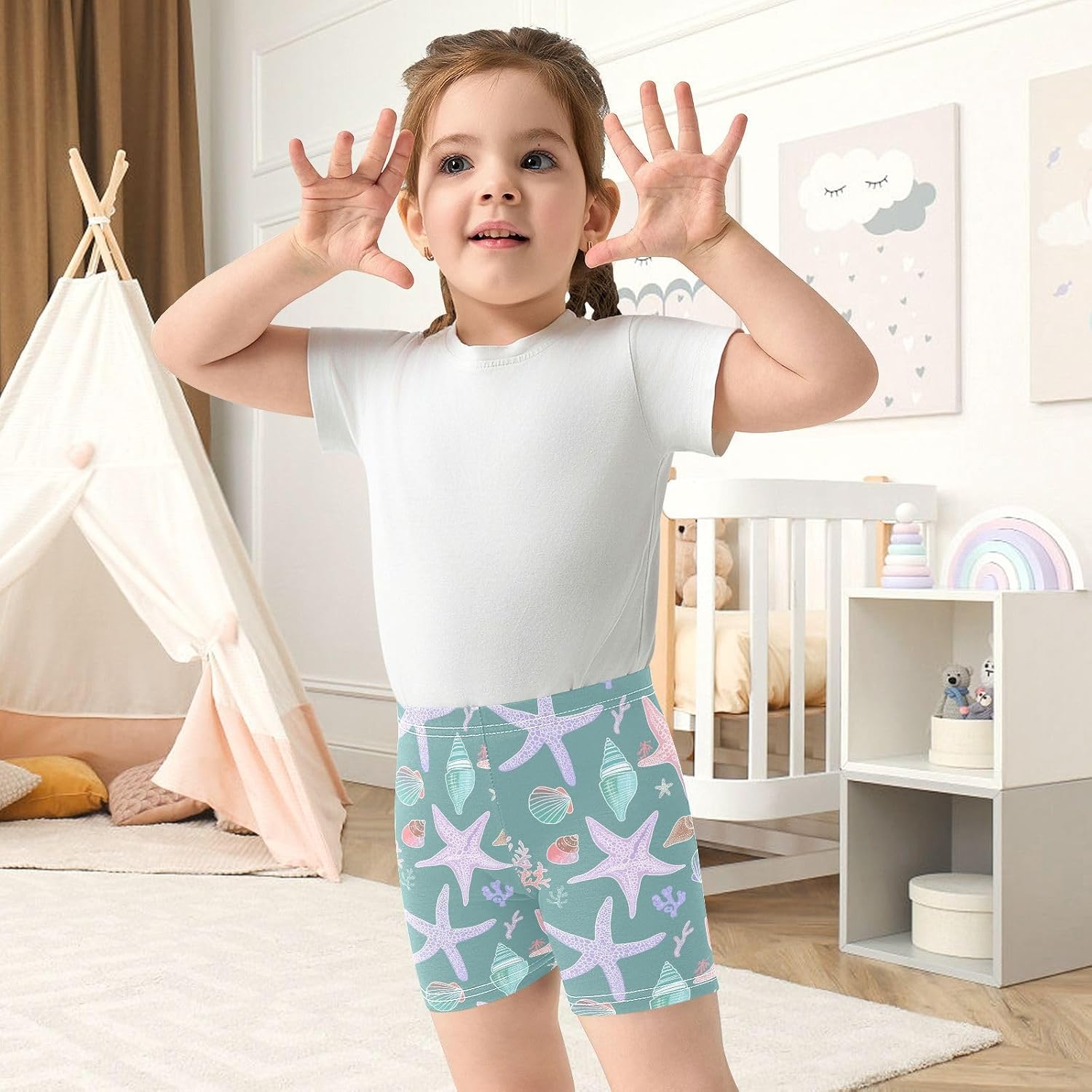 Seashell Starfish Teal Girls Bike Shorts Toddler Soft Cotton Active Biker Shorts