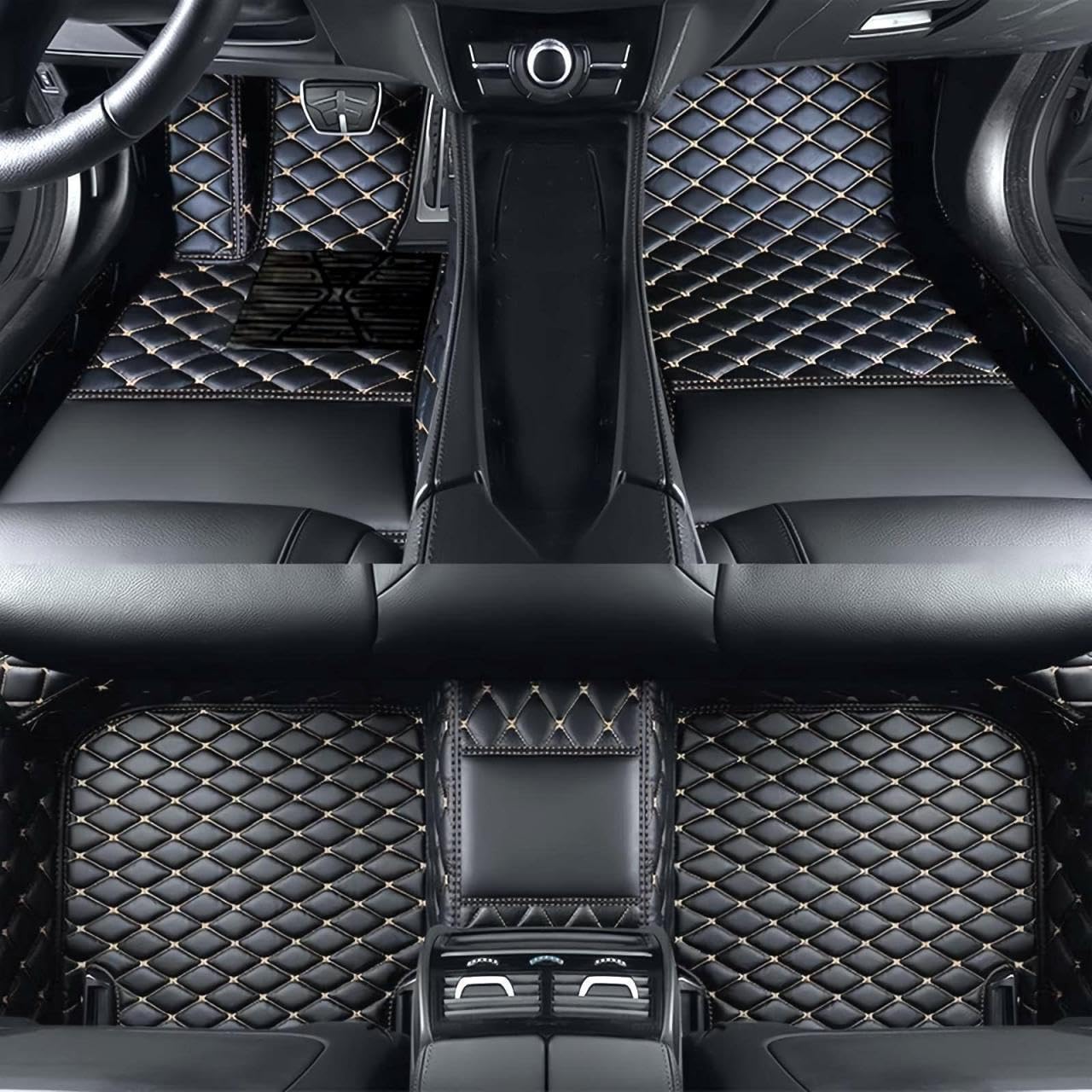 Custom Luxury Car Floor Mats Suitable for All Sedans, Sports Cars,SUV, Business Vehicles, Trucks, Waterproof and Anti Slip Fully Covered Leather Floor Mats (Black Gold)