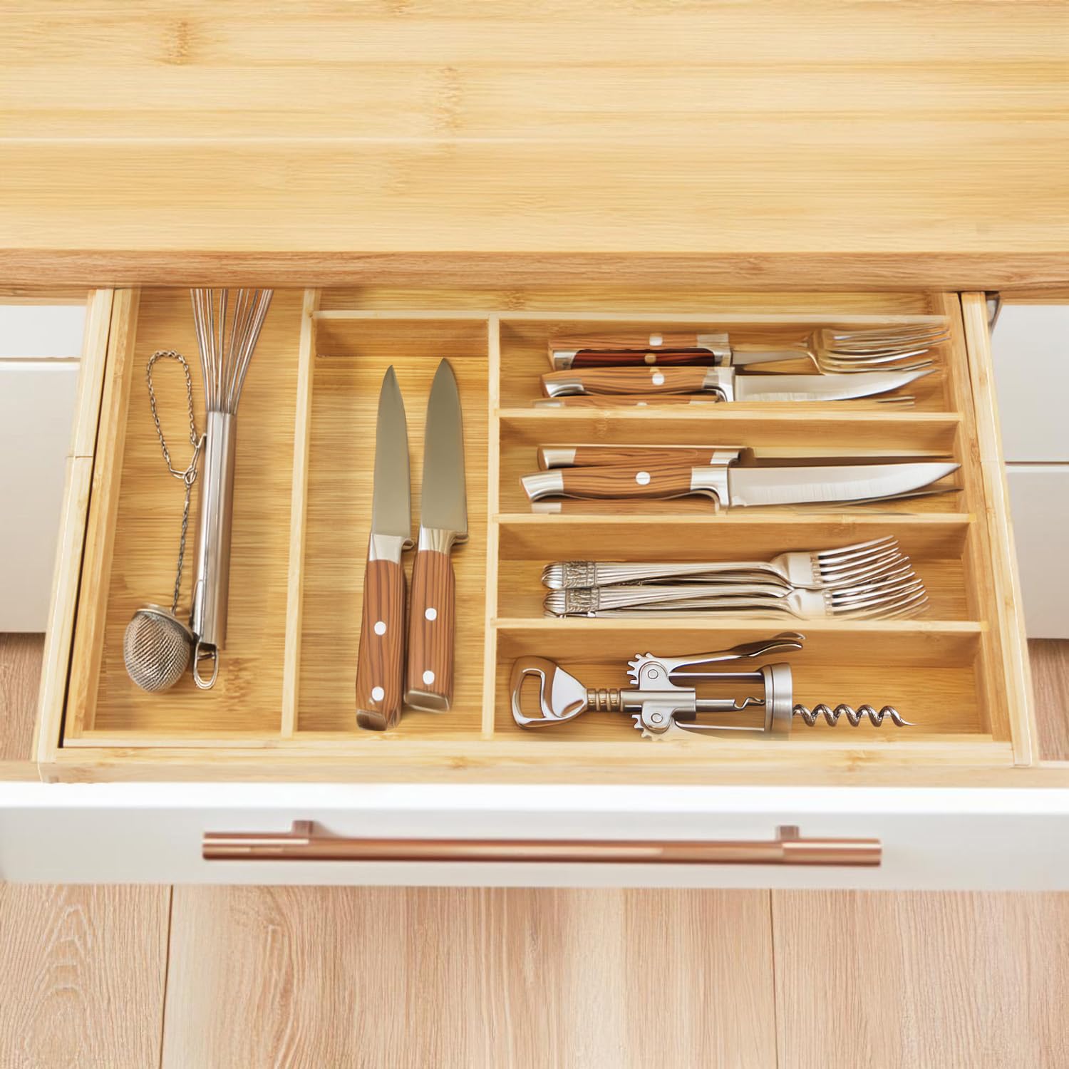 GreenBlue GB379 Organizadores de Bambú para Cubiertos | Bandeja Extensible, 7 Compartimientos Básicos y 2 Extraibles para Utansilios de Cocina | Organización de Cajón | Dim.: 32,5-50x43x45cm | 2 uds.