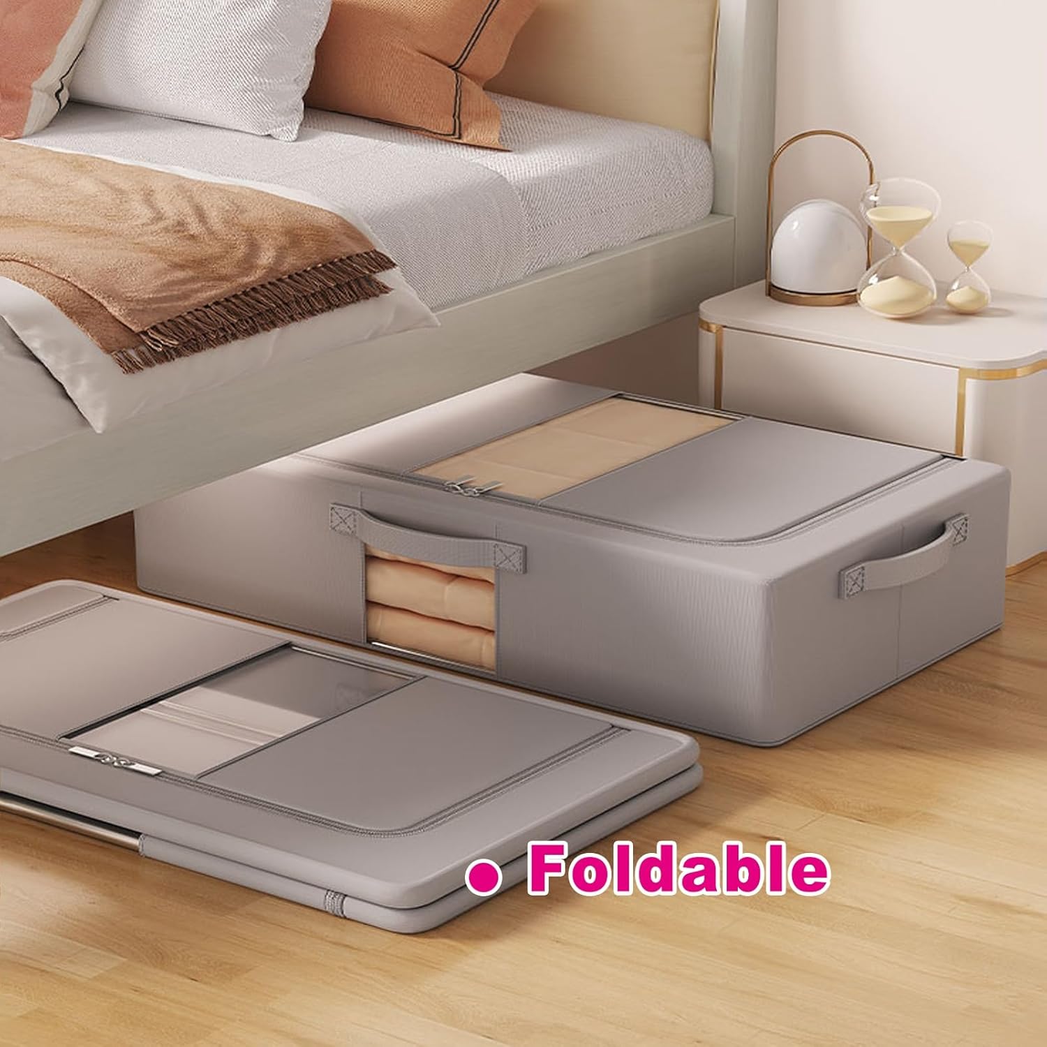 2 Pack Under Bed Storage Containers, Foldable Under the Bed Storage, Transparent Window and Double Zippers, for Blanket, Clothing, Comforter, Sweaters(Beige,50x40x15cm/20x16x6in)