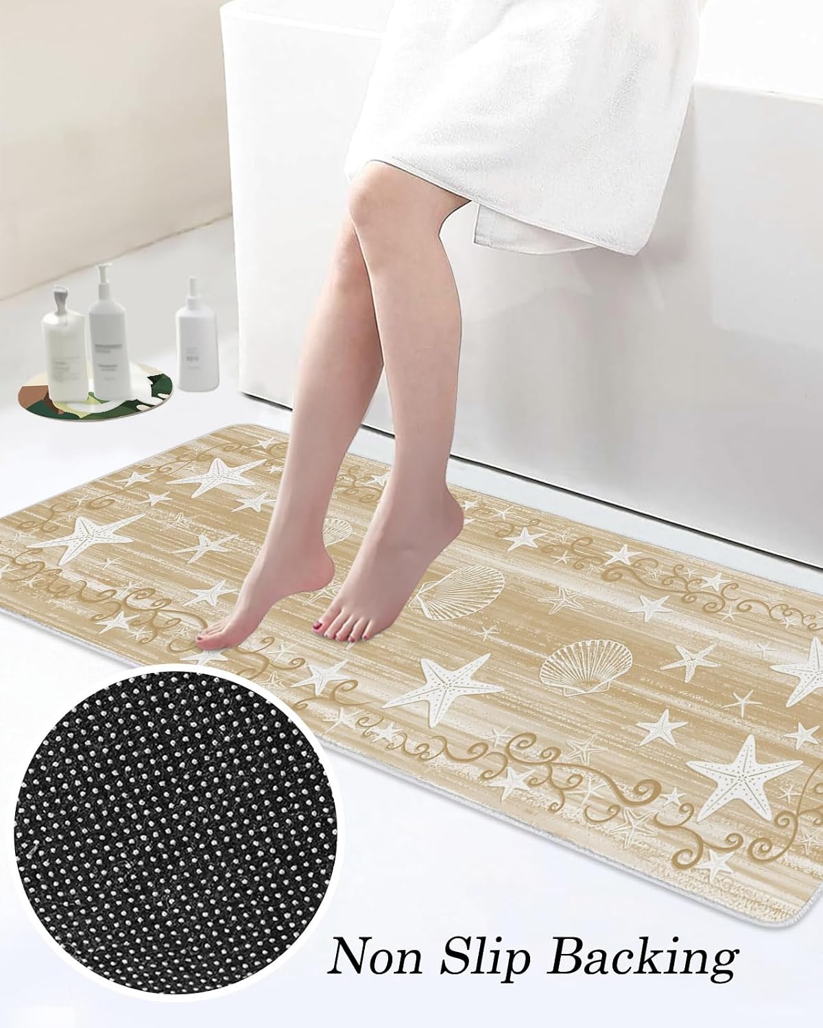 Light Brown Coastal Kitchen Mats Set of 2 Starfish Shell Summer Beach Ocean Rustic Non Slip Mat Washable Floor Rug for Kitchen Sink Floor Laundry, 15.7"x23.6"+15.7"x47.2"