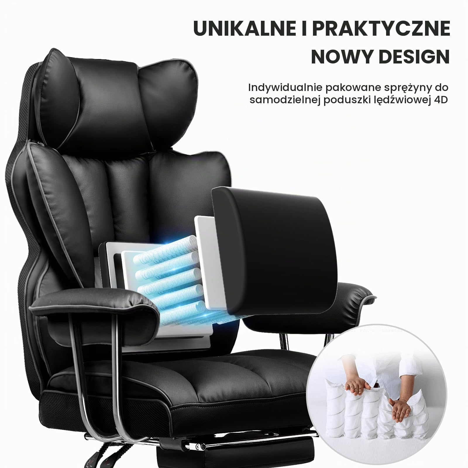 GTPLAYER Fotel gamingowy, ergonomiczny fotel biurowy ze sprężynami lędźwiowymi, szerokie siedzisko z miękkimi podłokietnikami i podnóżkiem, regulacja wysokości, Sztuczna skóra czarny