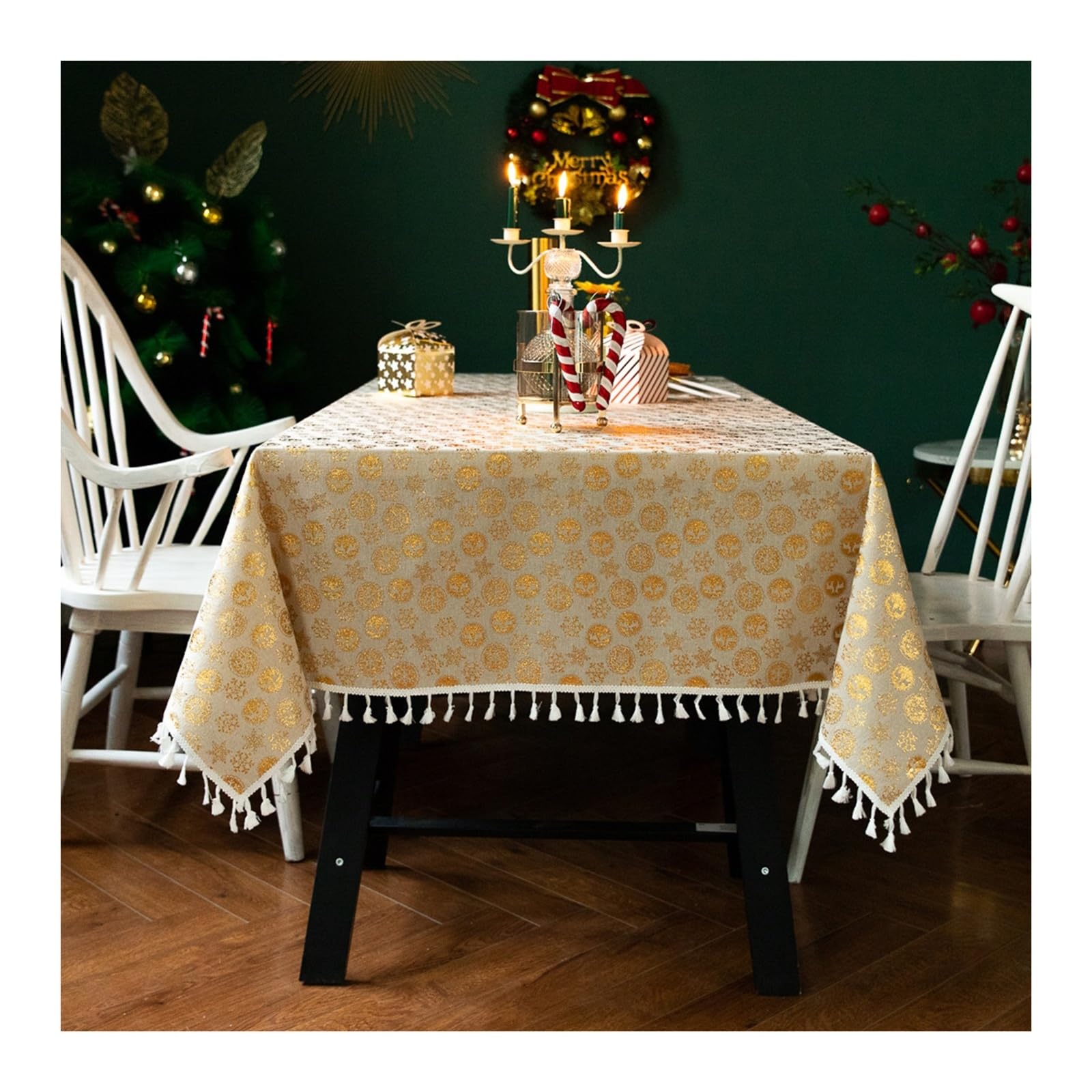 Nappe en lin KnSam 140x220cm haut de gamme flocon de neige doré nappe anti-taches chic