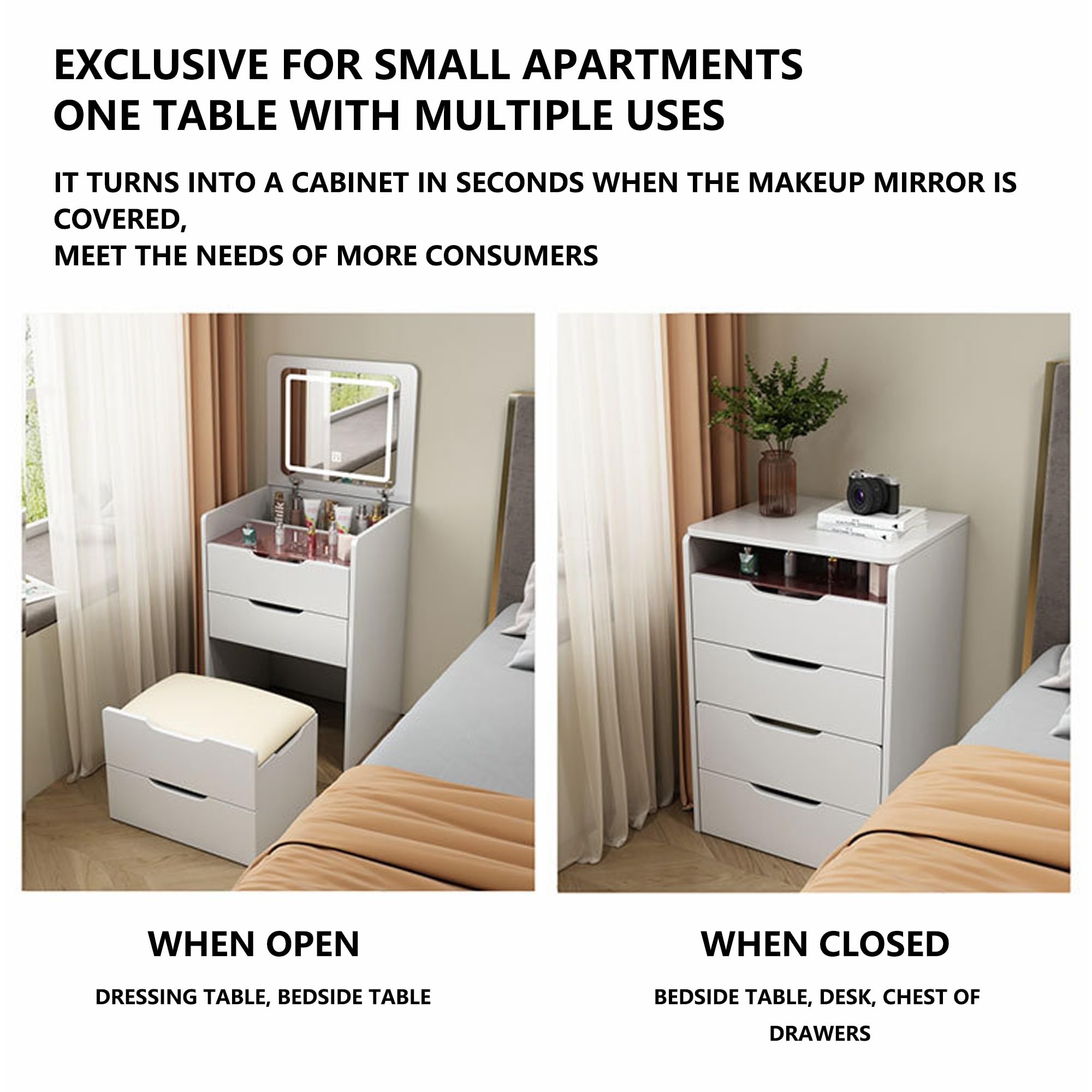 Sedia Pieghevole con Specchio E Luci per Trucco Organizzatore da Vanità Bianco per Piccoli Spazi E Comodino Scrivania Multifunzionale per Ufficio Postazione Trucco Piccola Grey Ordinary Mirror