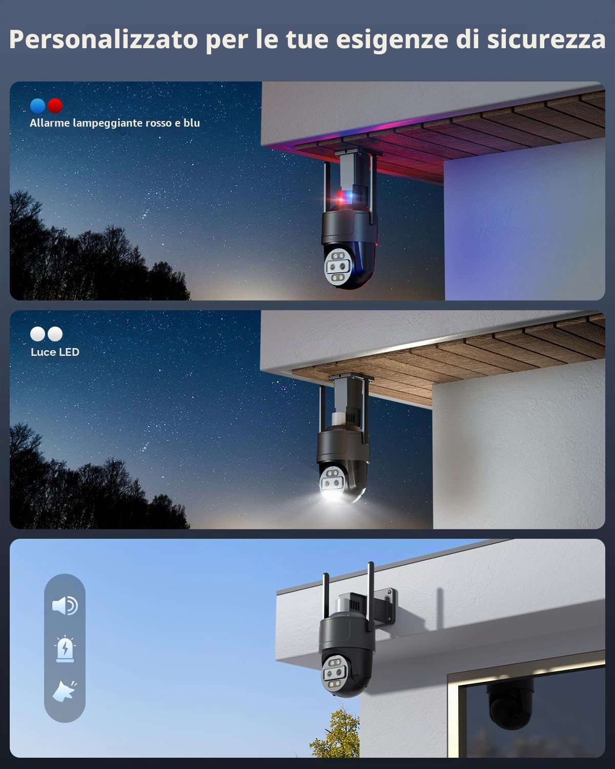 Ctronics 2.5K 4G LTE Telecamera da Esterno con Doppio Obiettivo, Zoom Ibrido 10X, Auto-Tracking, Visione Notturna a Colori 30m, Rossa/Blu, PC/App, NVR/FTP, Cloud/TF 128GB, Parete & Soffitto