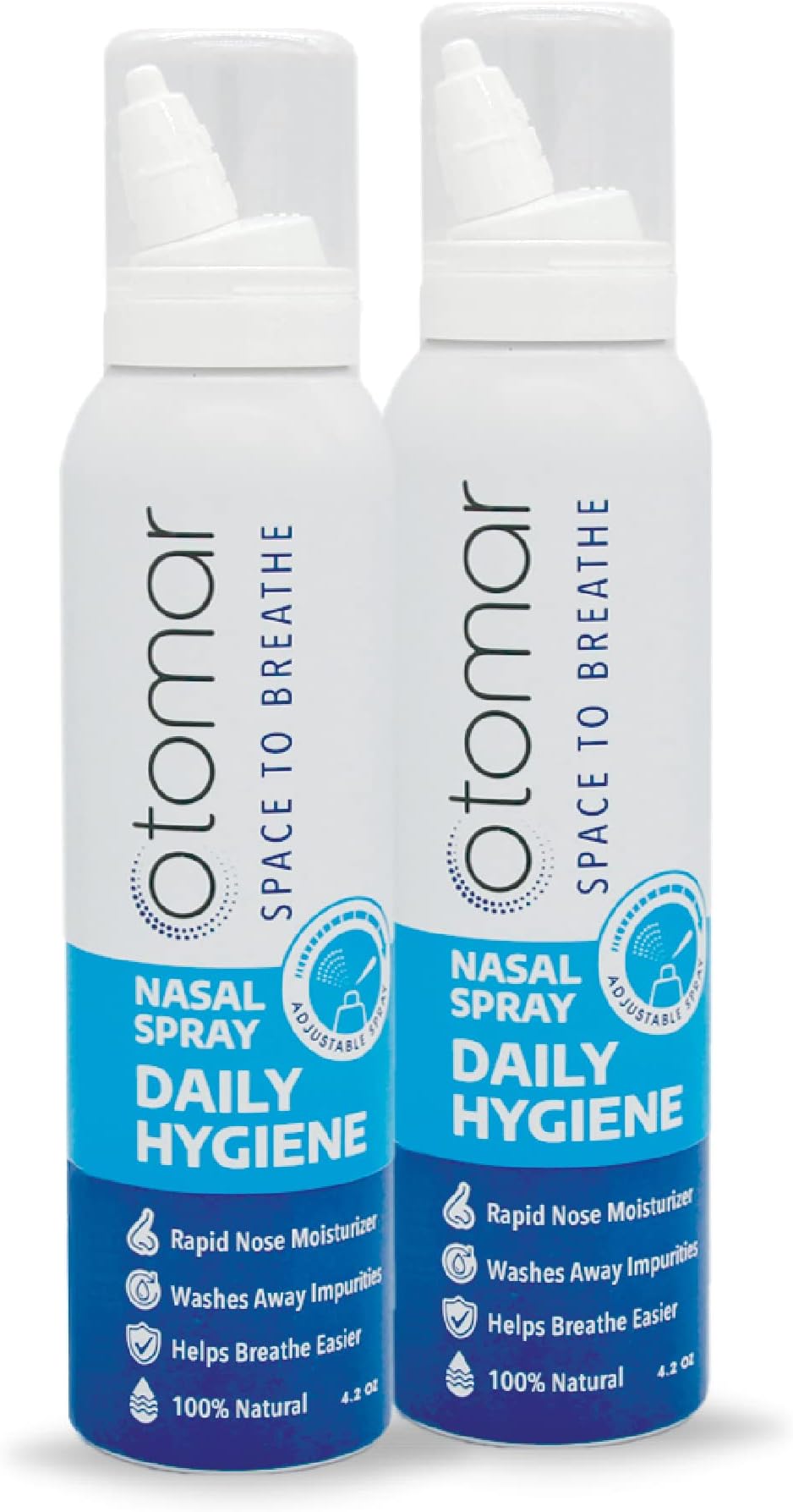 OTOMAR ADULTS DAILY HYGIENE NASAL SPRAY: First Adjustable Flow, 100% Drug Free, Fast Mucus Relief, 2x125ml - Pack of 2