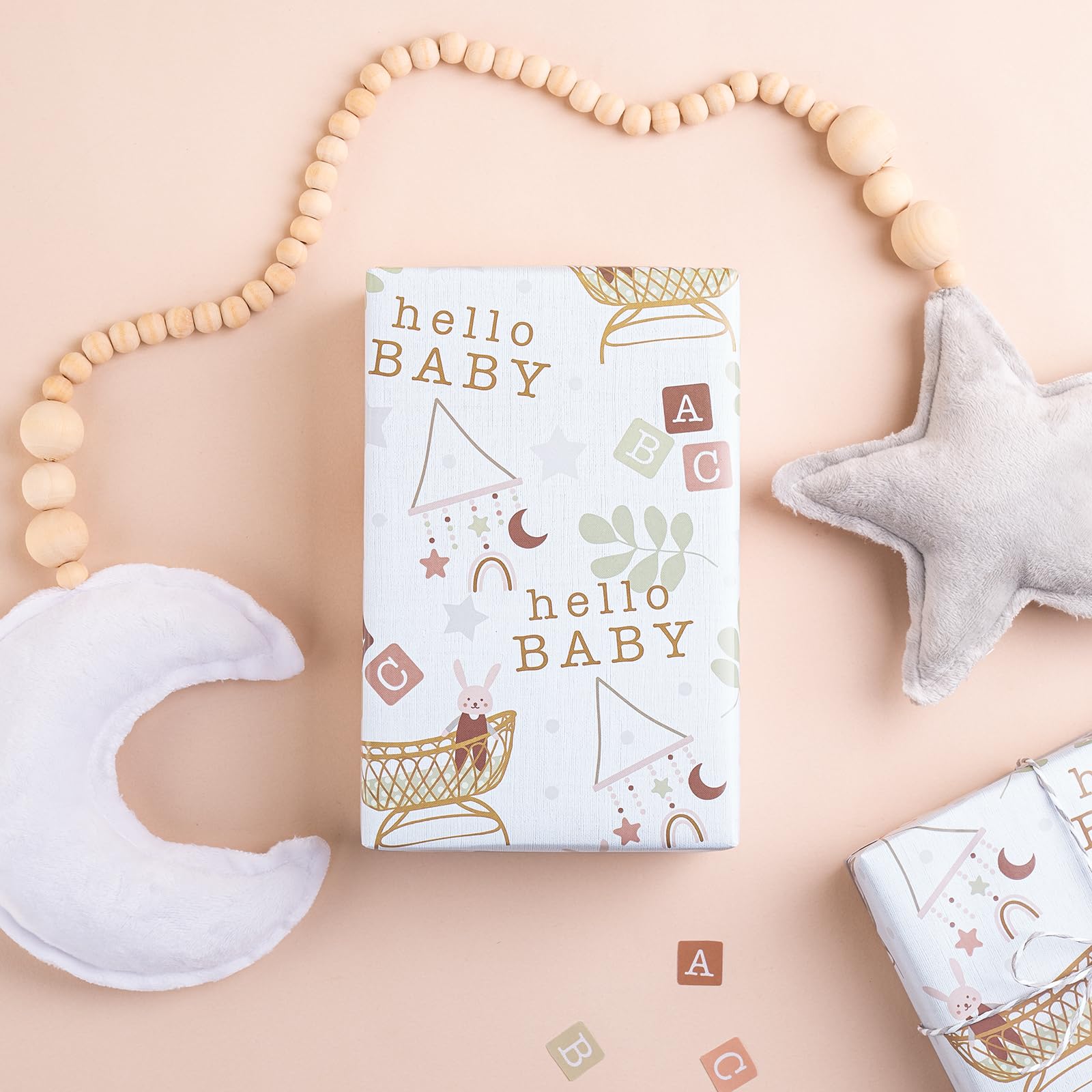 WRAPAHOLIC Papel de regalo jumbo para baby shower, 30 pulgadas x 33 pies, diseño de Hello Baby and Rabbit en moisés para baby shower neutro, cumpleaños de niños y niñas