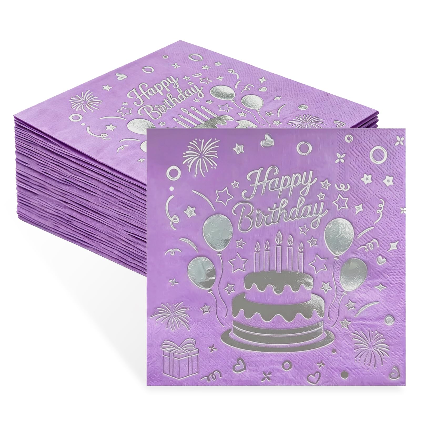 40 Pack Purple Napkins, Silver Foil Happy Birthday Paper Napkins, Elegant Birthday Napkinss for Party Serviettes Table Decorations and Celebration Supplies — image 1