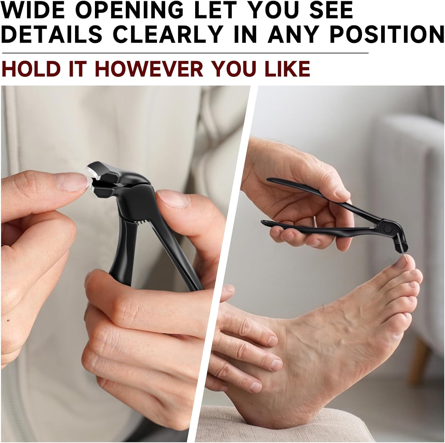 Ergonomic Long Handle Toenail Clippers for Seniors, 4.75 Inches Angled Head Curve Wide Jaw Opening Nail Clippers for Thick Nails with Meta and Glass Nail File, Fingernail Cutter with Catcher, 3Pcs