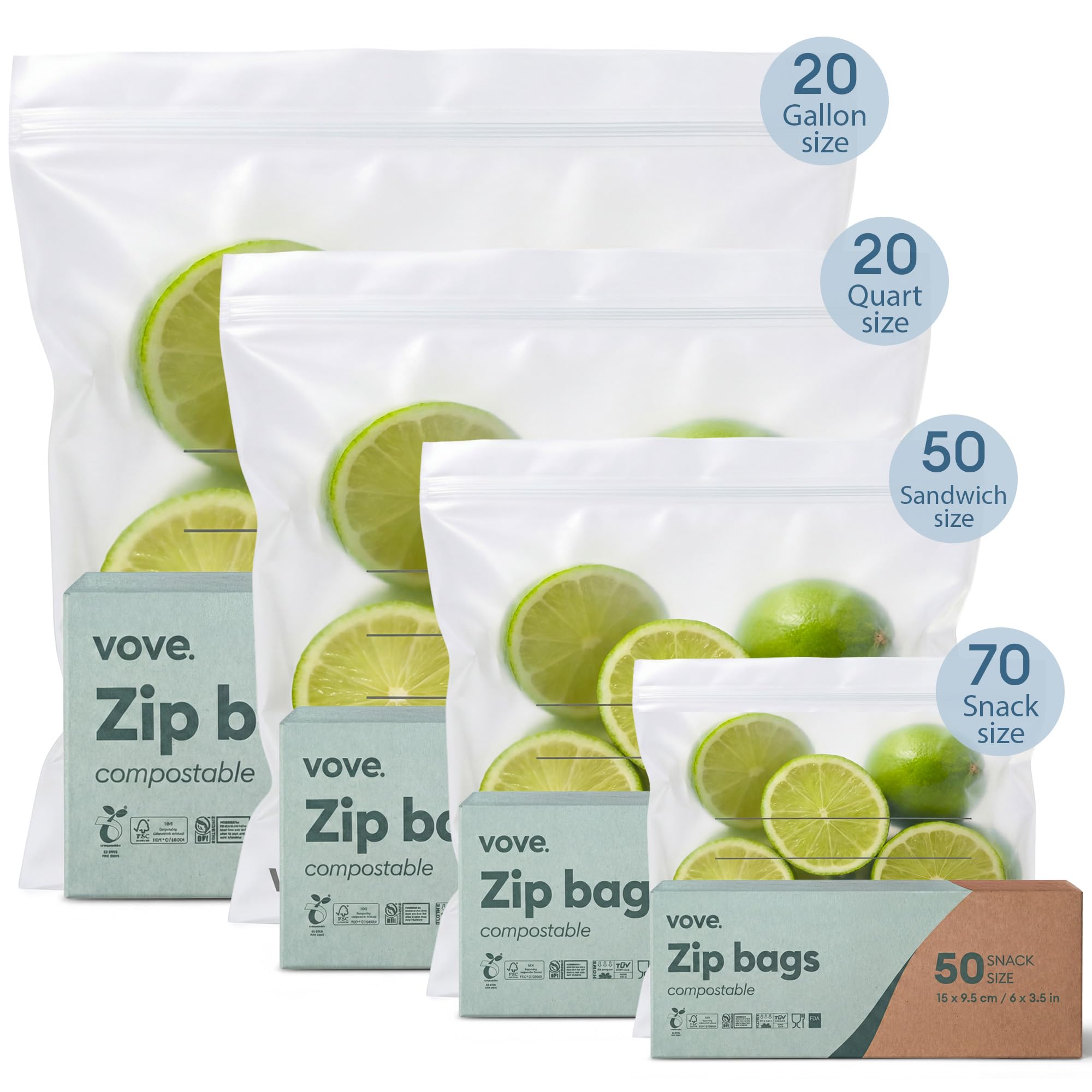 Vove Compostable Storage Bags 160 Count Variety Pack (S/M/L/XL), Plastic-Free Zip Bags for Food Storage and Meal Prep, PFAS-Free and BPI Certified, Freezer Safe Airtight Seal, Plant-Based