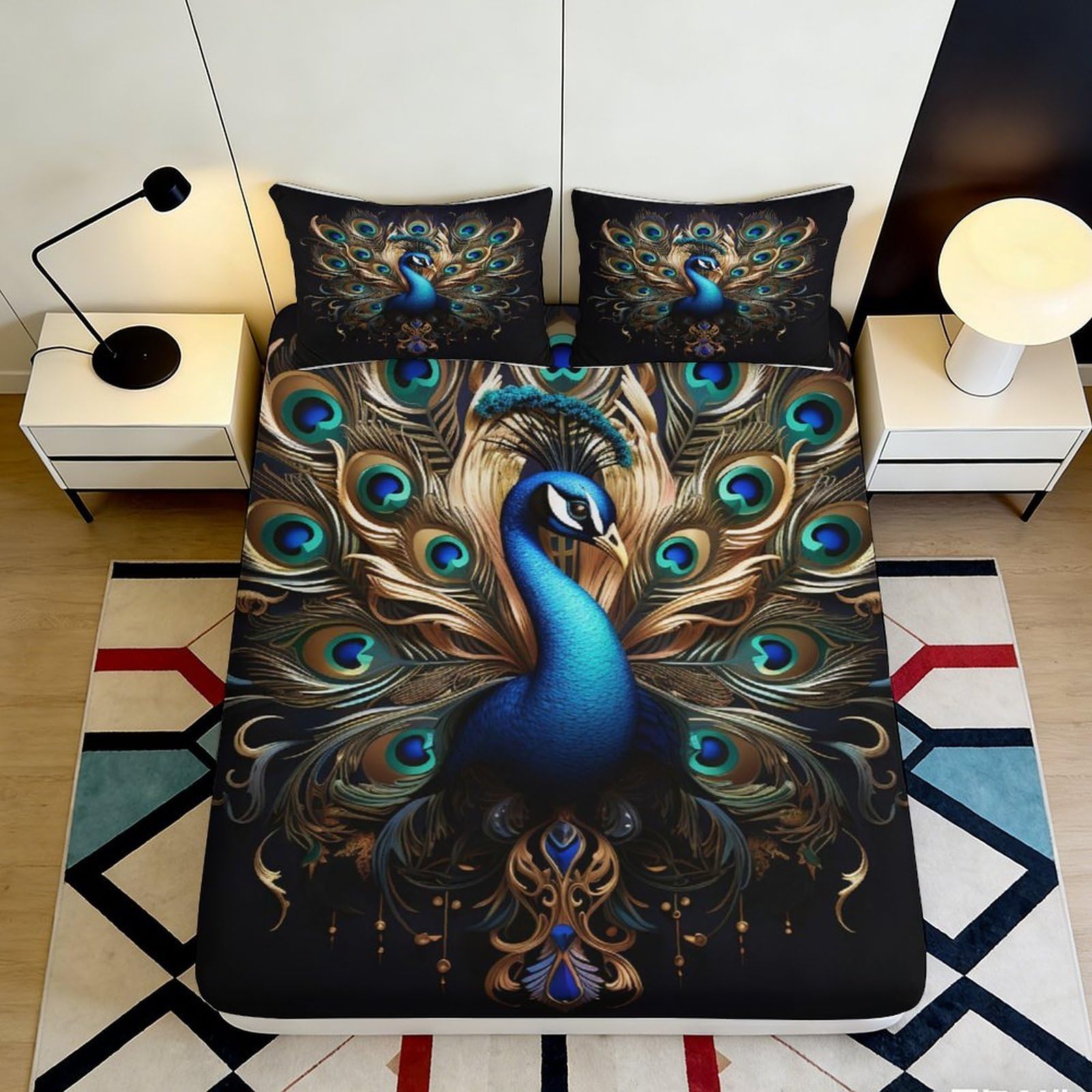 3D Printed Peacock Feather Fitted Sheet Microfiber Anti-Slip Mattress Cover Blue Bird Bed Decor for Bedroom Guest Room 90x200x25cm