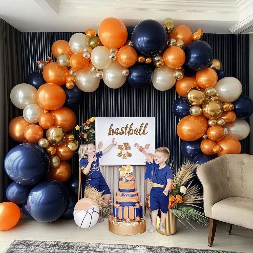 Navy Blue Orange Balloon Garland Arch Kit, Double Stuffed Dark Blue Burnt Orange Pearl White Sand Gold Balloon for Birthday Baby Shower New Year Party Decoration
