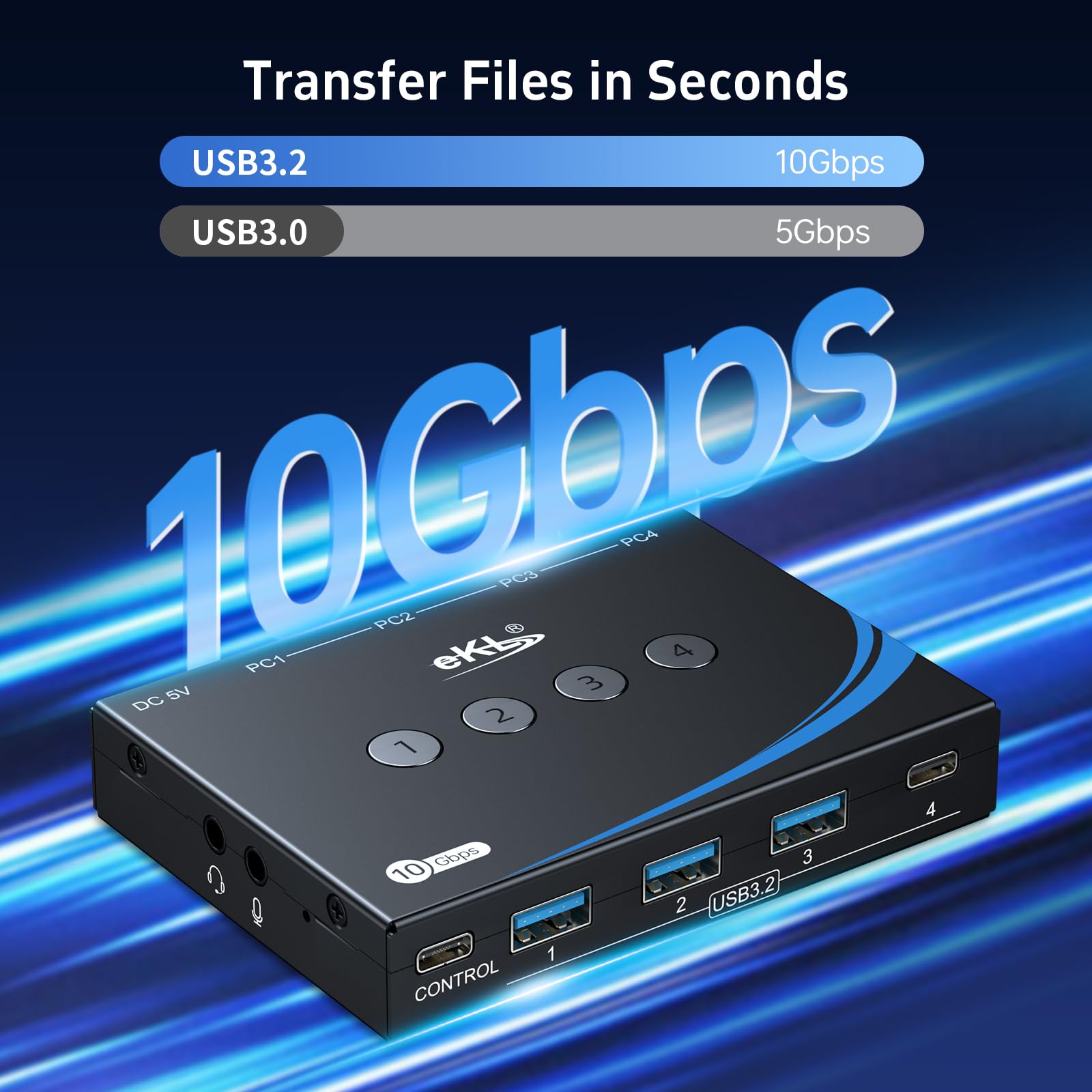 eKL Interruptor USB 3.2 para 4 computadoras, 2 entradas USB-C + 2 USB-A de 10 Gbps, comparte 1 USB-C + 3 periféricos USB-A como mouse y teclado, impresora, escáner, con conector para auriculares de