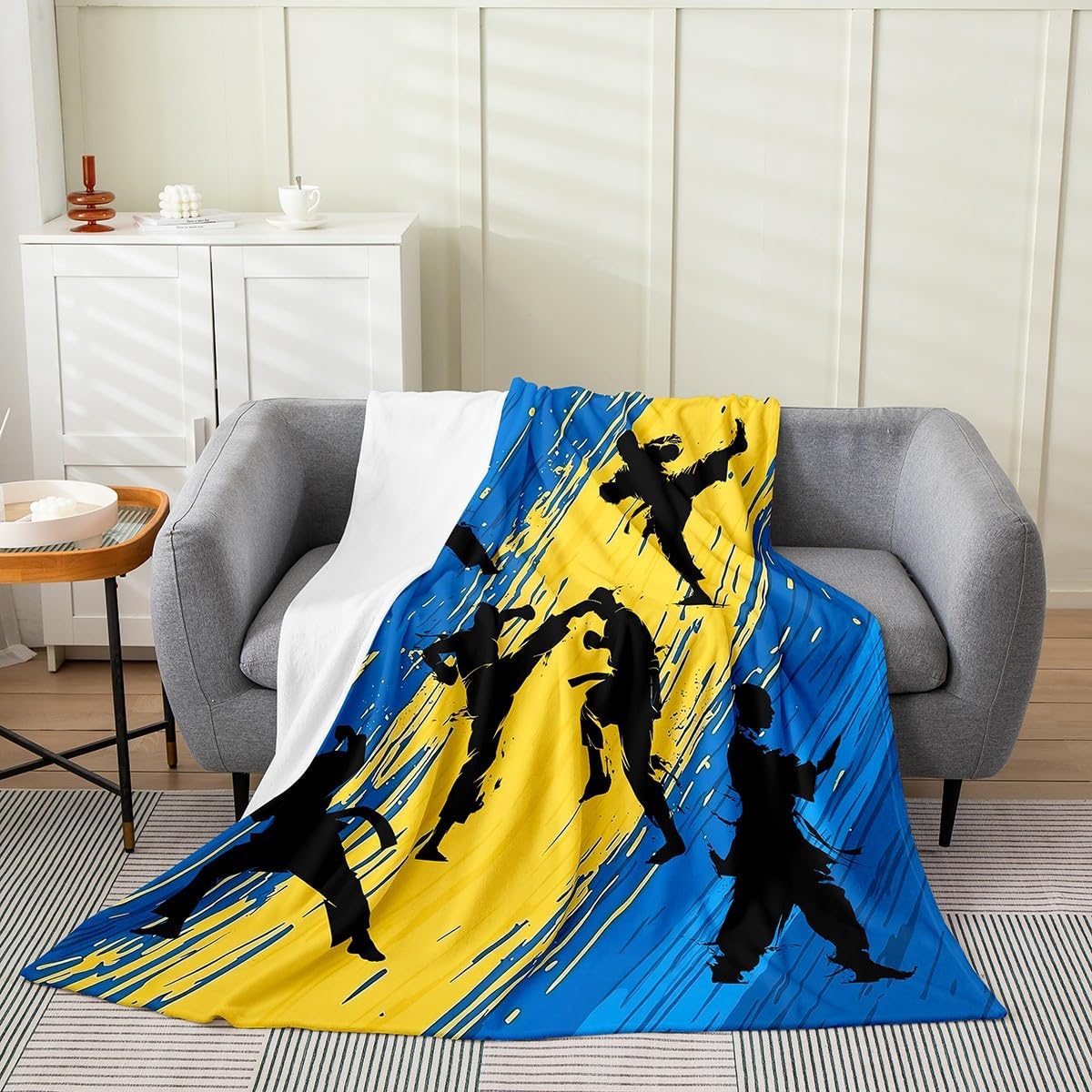 Taekwondo Flannel Blanket Baby 30"x40" Warm Lightweight,Cartoon Boys Belt Silhouette Bed Sofa Blankets for Kids Boys,Boys Kung Fu Sport Lover Fuzzy Blanket,Japanese Sports Breathable Blanket
