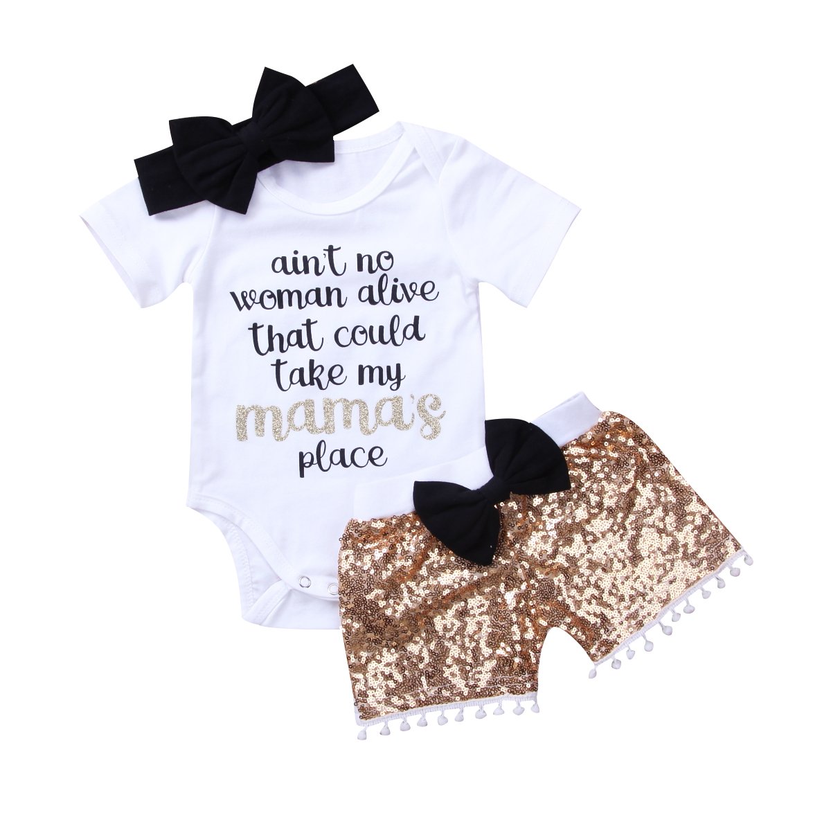 Newborn Infant Baby Girl Funny Romper Bodysuit+Sequins Shorts with Pompom+Headband Outfit Set (White+Champagne, 6-12 Months)