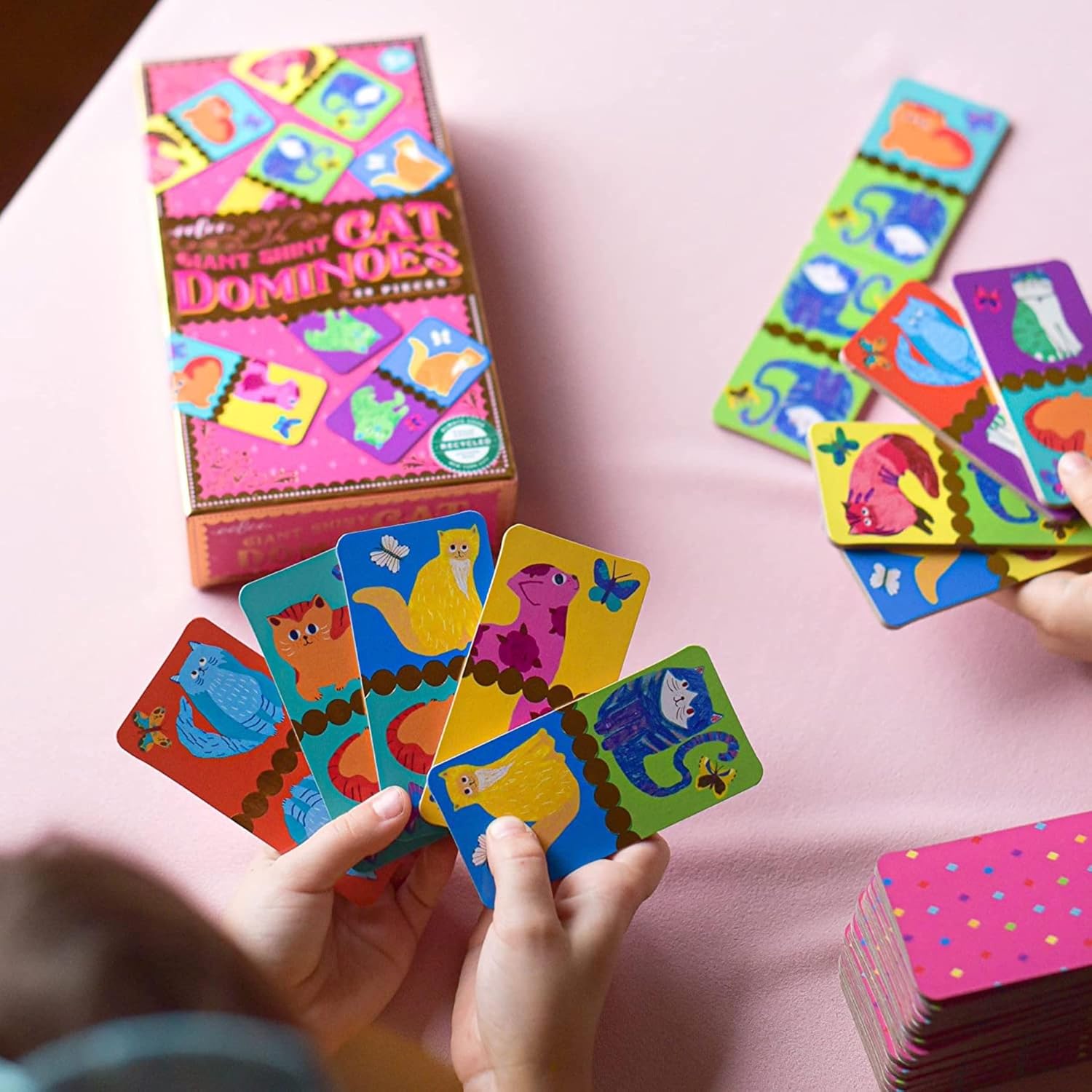 eeBoo Giant Cat Domino Set for Kids - 28 Shiny Foil Tiles, Matching Game for Family Game Night, Educational Toddler Toy for Ages 3 and up, 2+ Players