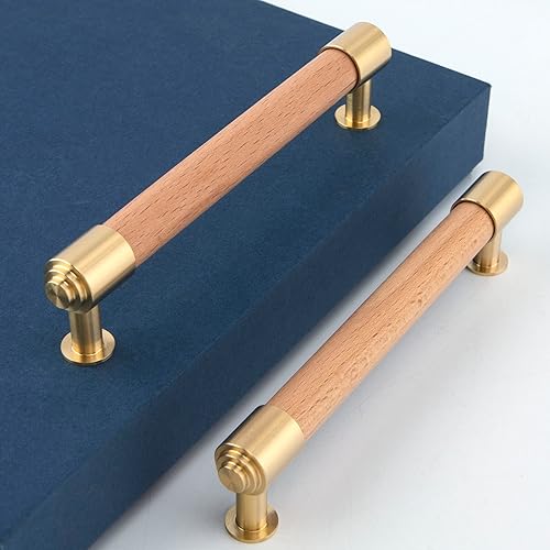 Miniatura 8 de Tiradores modernos de latón y madera de mediados de siglo para gabinete, agujero central a centro, paquete de 4 manijas de cajón de cocina, pomo de