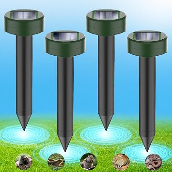 Mole Repellent Ultrasonic, Solar Mole Repeller Outdoor, IP66 Waterproof, Quietly Repels Mole, Vole, Gopher, Snake Control Device, Mole Deterrents for Gardens/Orchards/Lawn 4 Pack