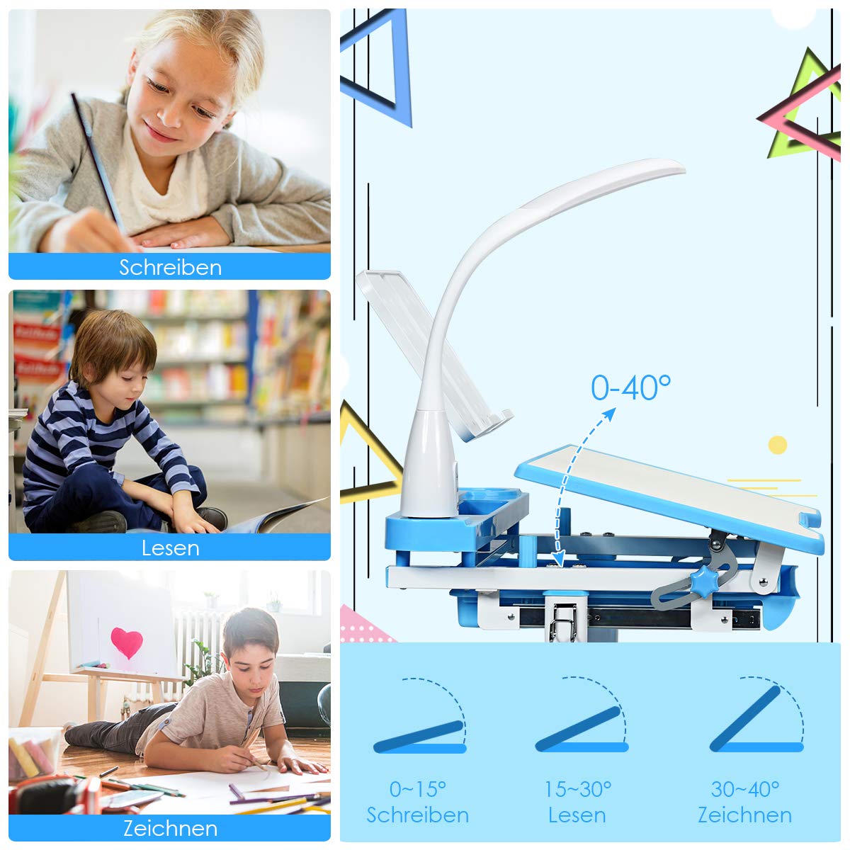 GOPLUS Kinderbureauset met boekenstandaard en ledlicht, in hoogte verstelbaar studentenbureau met kantelbaar tafelblad en lade, jeugdbureau, kindertafel en stoelset (roze