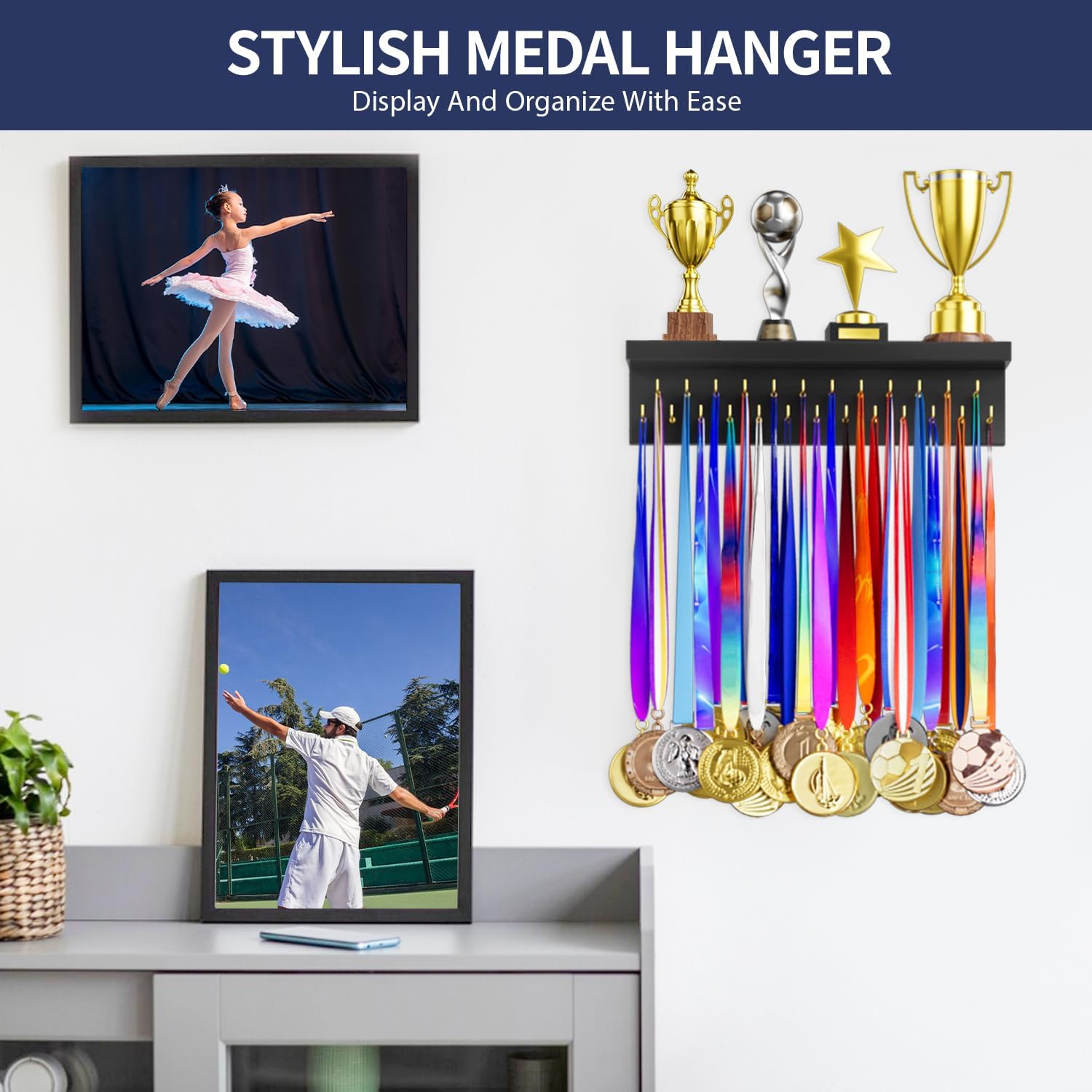 Medal Holder Display Trophy Shelf Organizer, Sturdy Wooden Race Award Hanger Rack with 25 Steel Hooks, Wall Mount Storage Stand for Sports Fans, Cheer Success