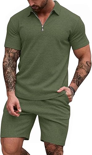 EISHOPEER Conjunto de camisa polo y pantalones cortos para hombre, con cremallera de moda, trajes de 2 piezas